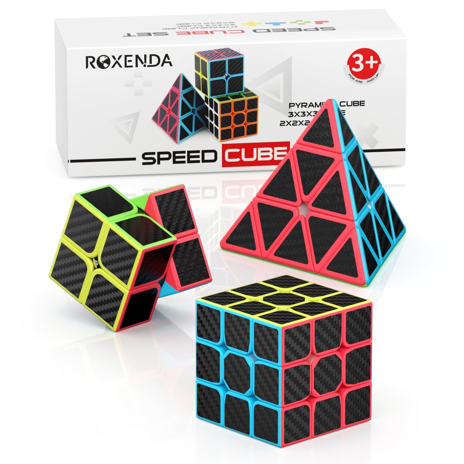 ROXENDA Speed Cube Set, Magic Cube Set of 2x2x2 3x3x3 Pyramid Cube Smooth Puzzle Cube (Carbon Fiber)