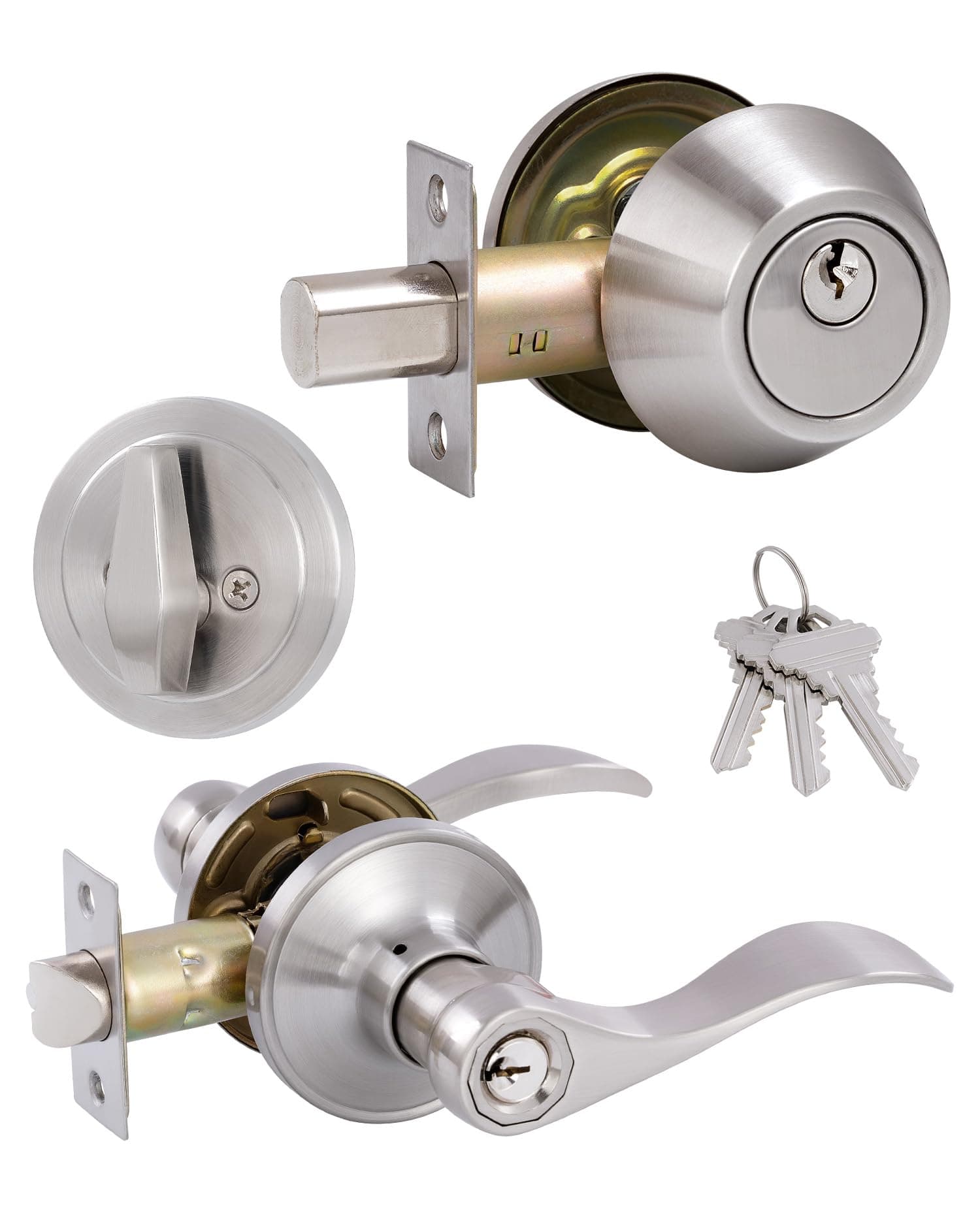 (1 Pack) Keyed Alike Front Door Lever Lockset with Single Cylinder Deadbolt Combination Set, Wave Style Lever, Front Door/Exterior Door Knob with Lock and Deadbolt, Satin Nickel Finished