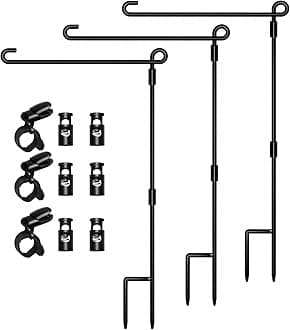 HOOSUN Garden Flag Stand, Premium Garden Flag Pole Holder Metal Powder-Coated Weather-Proof Paint with one Tiger Clip and Two Spring Stoppers Without Flag 3 Pack