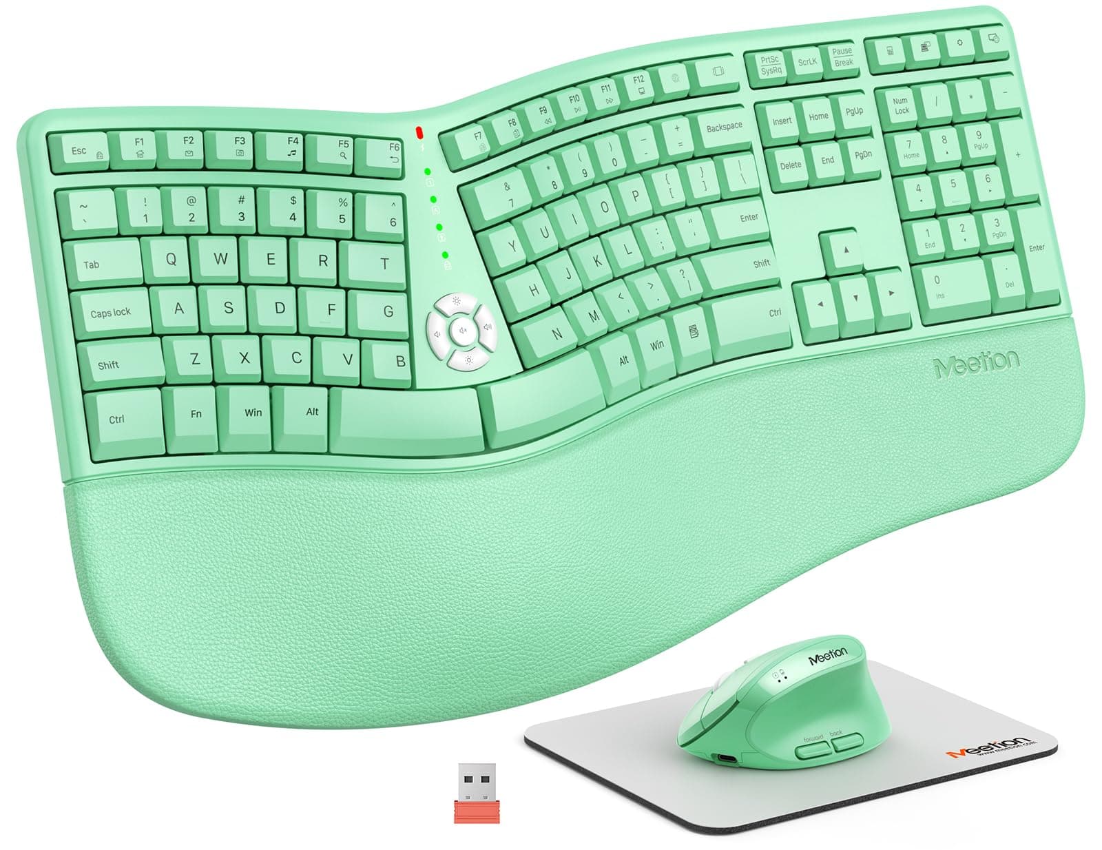 MEETION Ergonomic Wireless Keyboard and Mouse, Split Arch Keyboard with Cushioned Wrist Palm Rest, Wireless Vertical Mouse, Rechargeable Full Size, Windows/Mac/Computer/Laptop, Green
