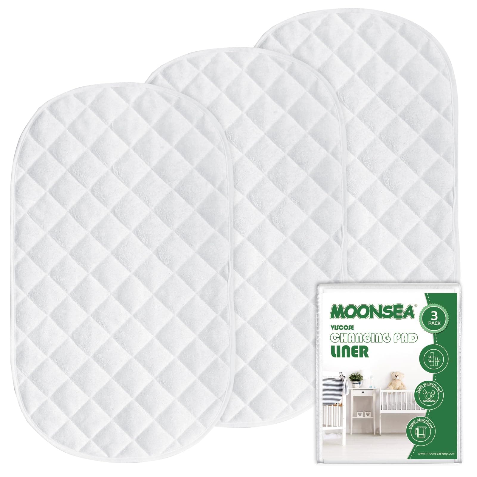 Diaper Changing Pad Liner Non-Slip, Waterproof Terry Mat Changing Pad Cover Liner, Quilted Absorbent Bassinet Liners Washable, 3 Pack 13"x 26" Reusable Portable Changing Table Pad White