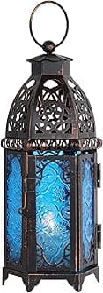 DECORKEY Vintage Medium Size Candle Lantern, Moroccan Style Decorative Hanging Lantern, Metal Tabletop Lantern, Christmas Candle Holders for Outdoor Patio (Blue)