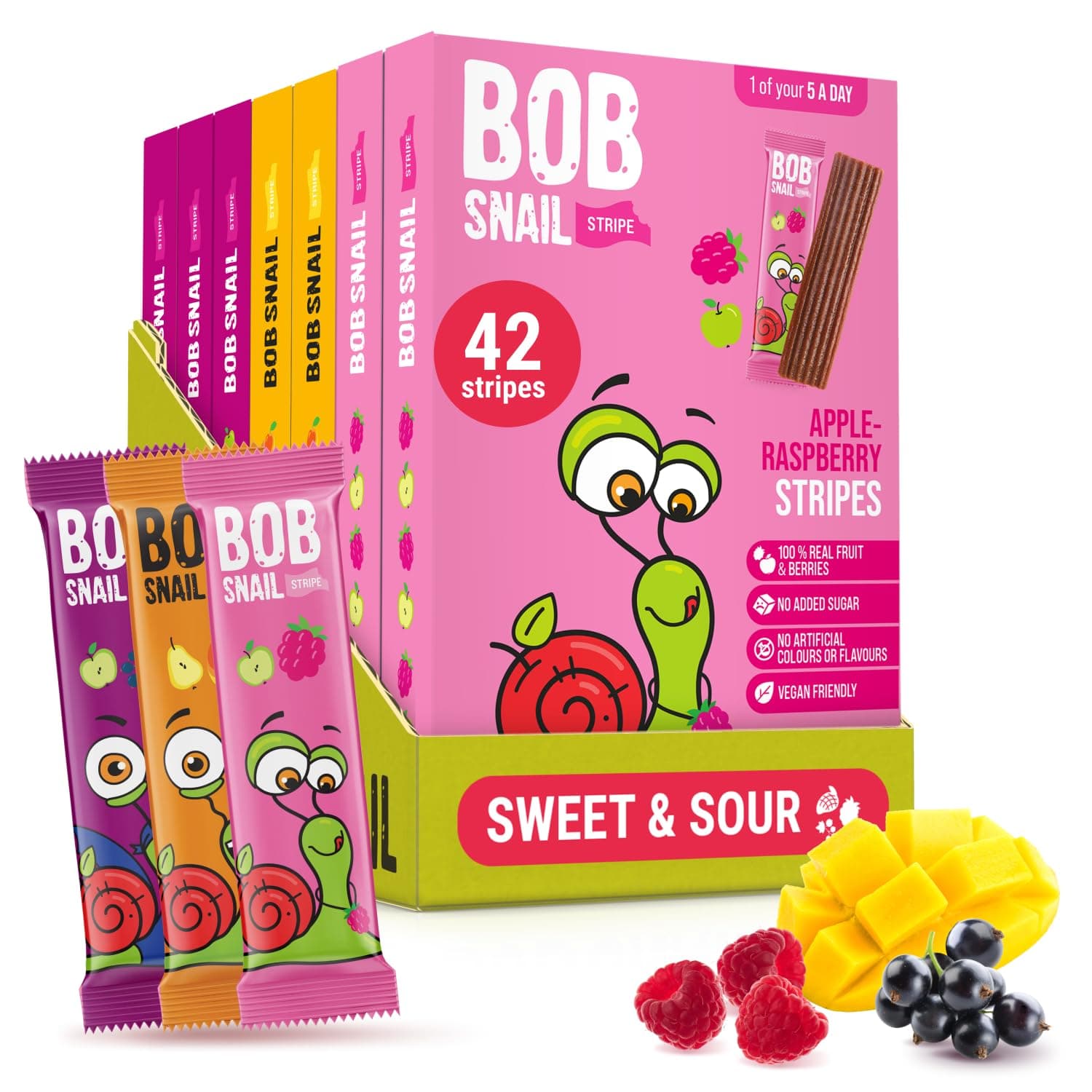 Bob Snail Fruit Leather Stripes – Mix Flavors Raspberry, Blackcurrant, Mango – Sugar Free, Vegan, Natural Healthy Fruit Snacks for Adults and Kids, Bulk Candy Family Box, 42 Bars (Pack of 7, 588g)