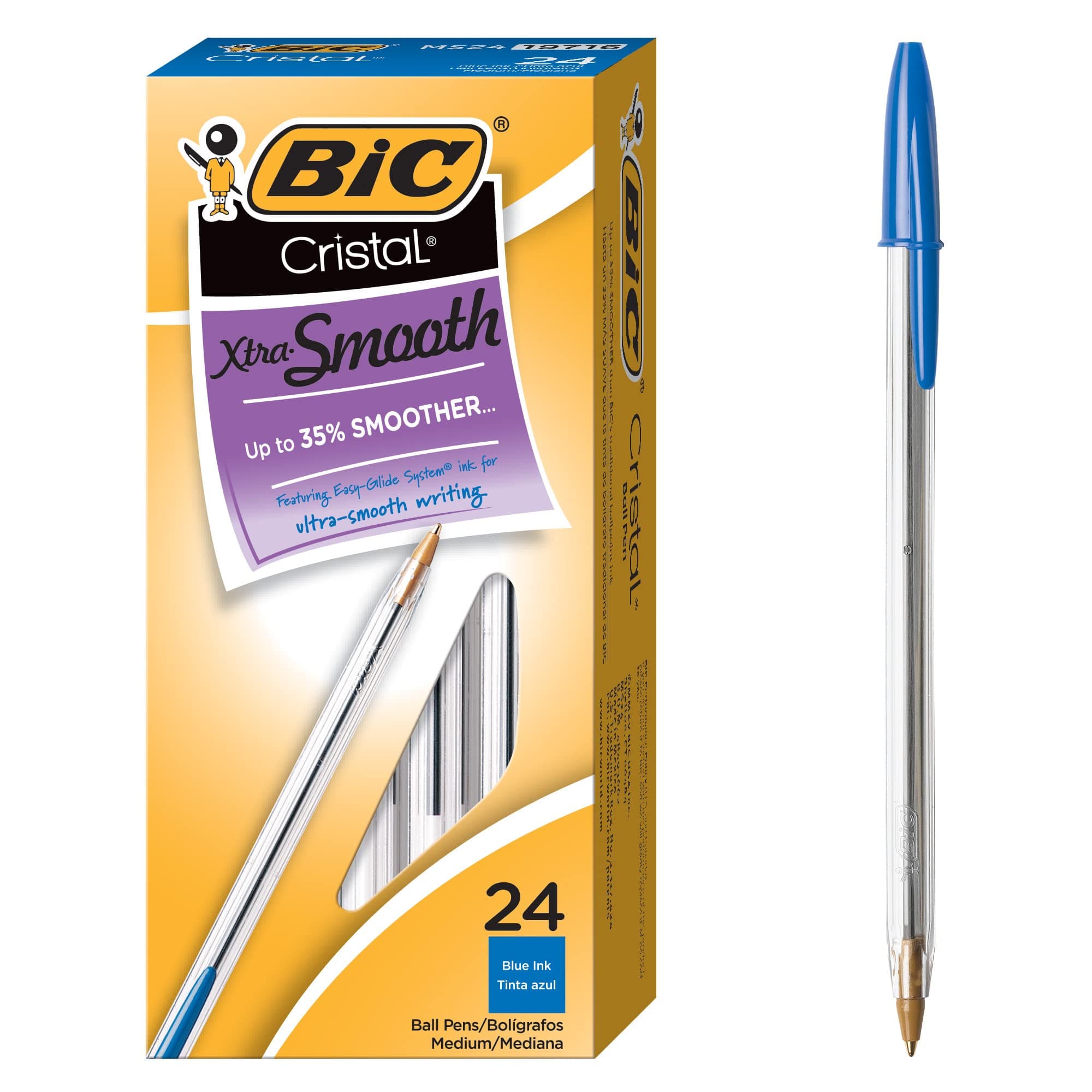 BIC Cristal Xtra Smooth Blue Ballpoint Pens, Medium Point (1.0mm), 24-Count Pack, Extra Smooth and Reliable Ballpoint Pens