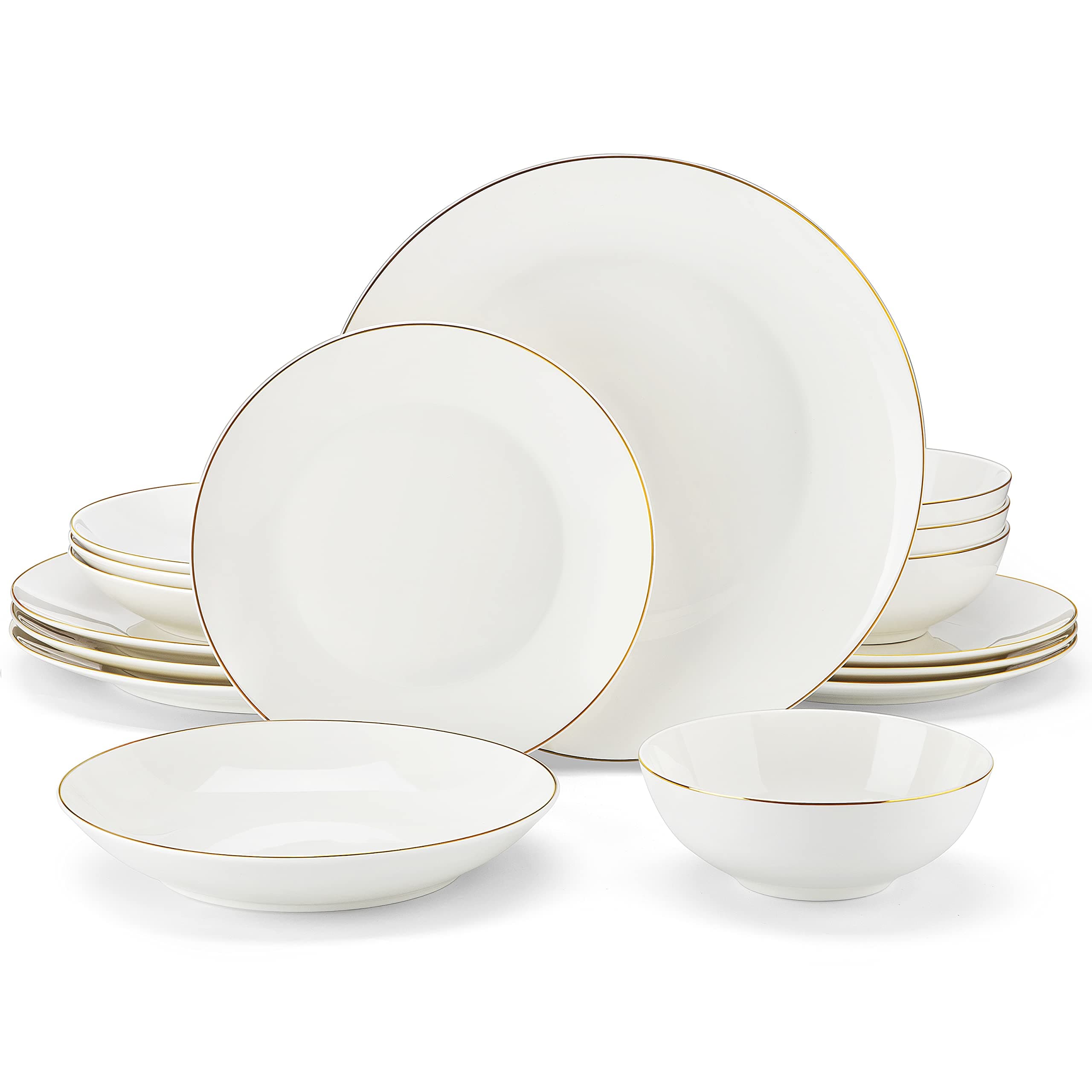 MALACASA Upscale Bone China Dinnerware Set, 16 Pieces Plates and Bowls Sets with Gold Rim, Cream-White Dinner Plate for Dessert Soup and Small Cereal Bowl, Lightweight Dish Set for 4, Series JERA