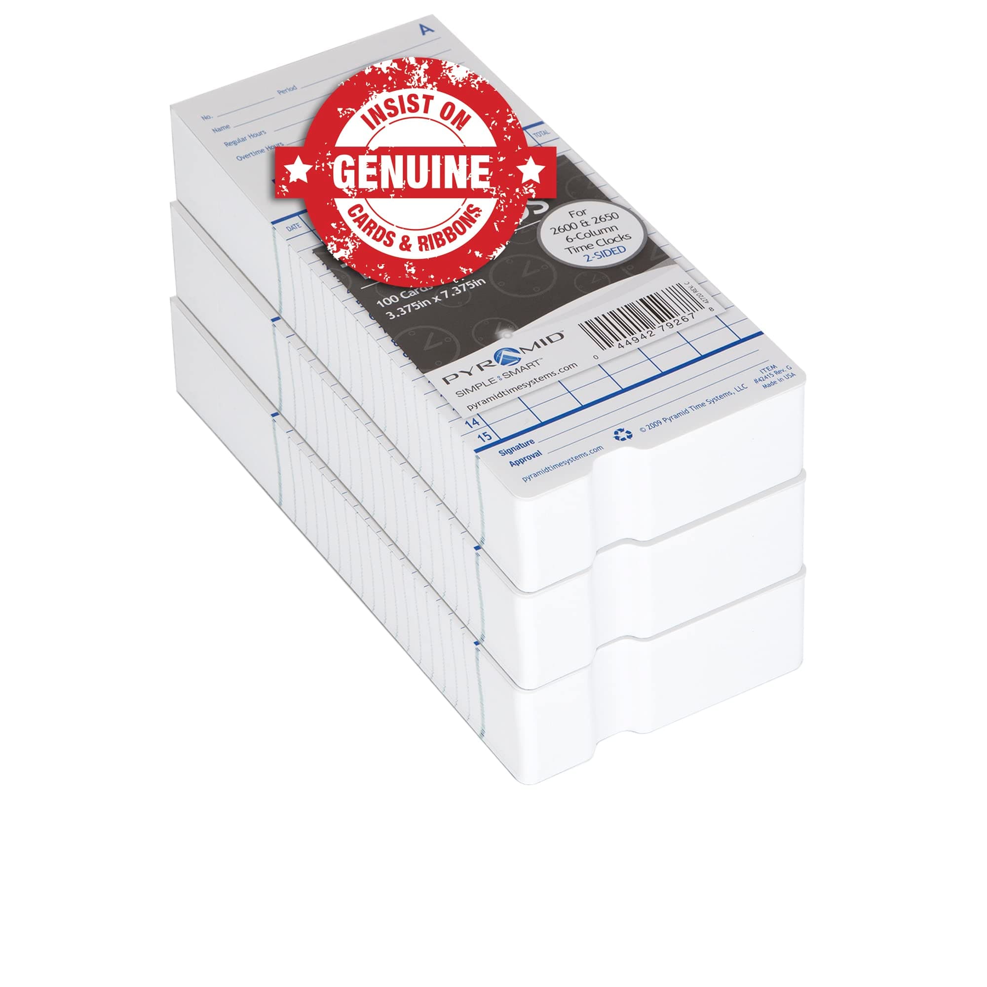 Pyramid Time Systems - Authentic Time Cards (42415PK3) for Pyramid 2500, 2500K1, 2600, 2650 Series Time Clocks, Double Sided Time Sheets (3.38 x 7.44 in) - 300 Time Cards.