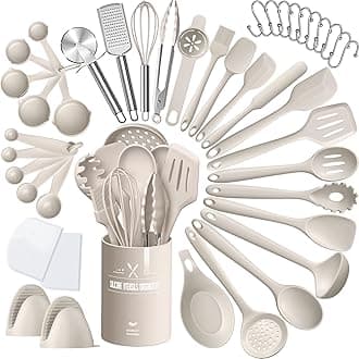 Silicone Kitchen cooking Utensils Set, AIKKIL 43 Pcs Heat Resistant Khaki Cooking Utensils Set, Turner, Tongs, Spoon, Spatula, Kitchen Gadgets Tools Set For Nonstick Cookware(Dishwasher, BPA Free)