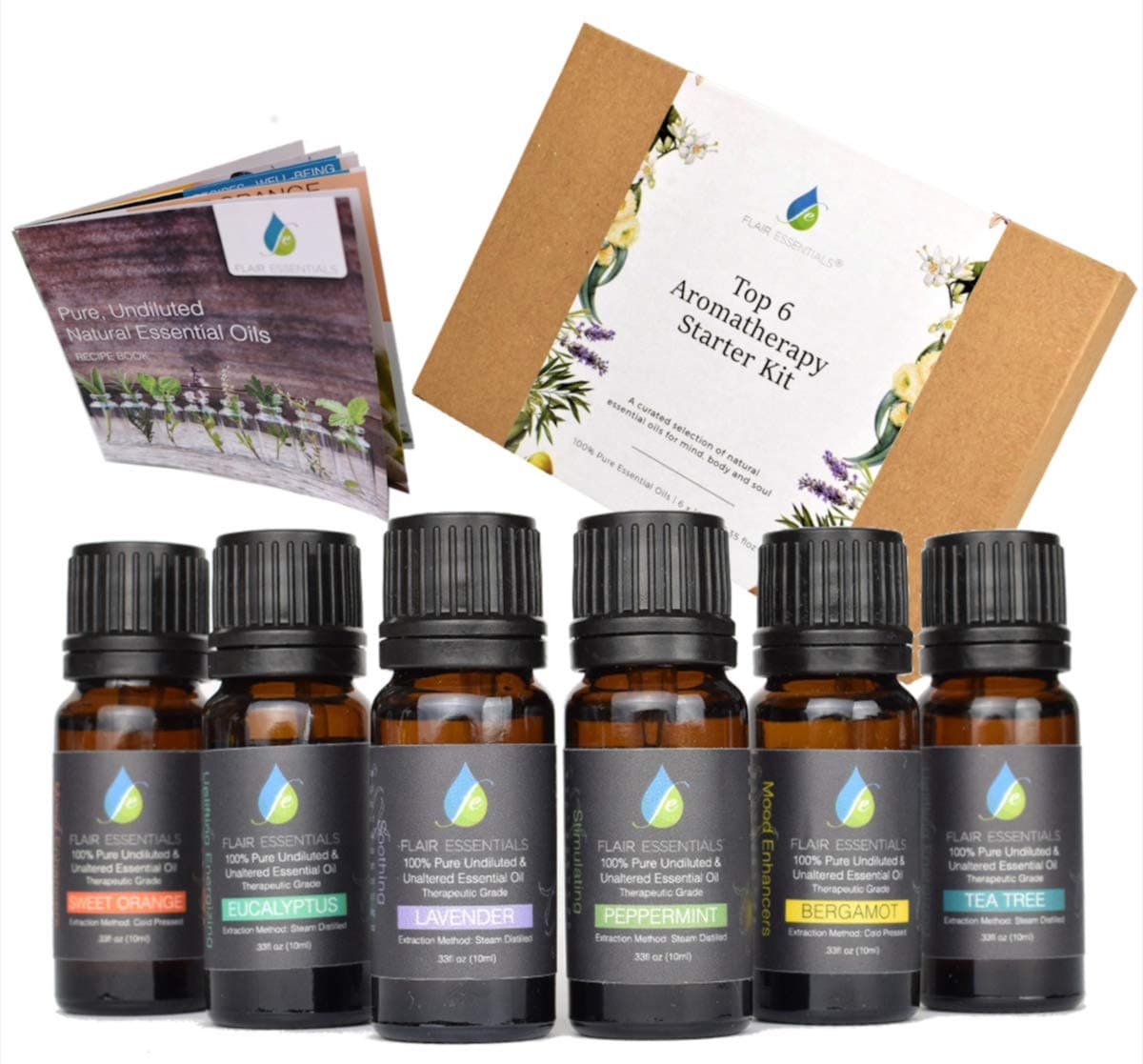 Flair Essentials 100% Pure Oil Set – Aromatherapy Oils for Diffusers Skincare Cleaning Yoga 10ml x Tea Tree Peppermint Lavender Eucalyptus Orange Bergamot with Printed Book, Bottled & Packaged in UK