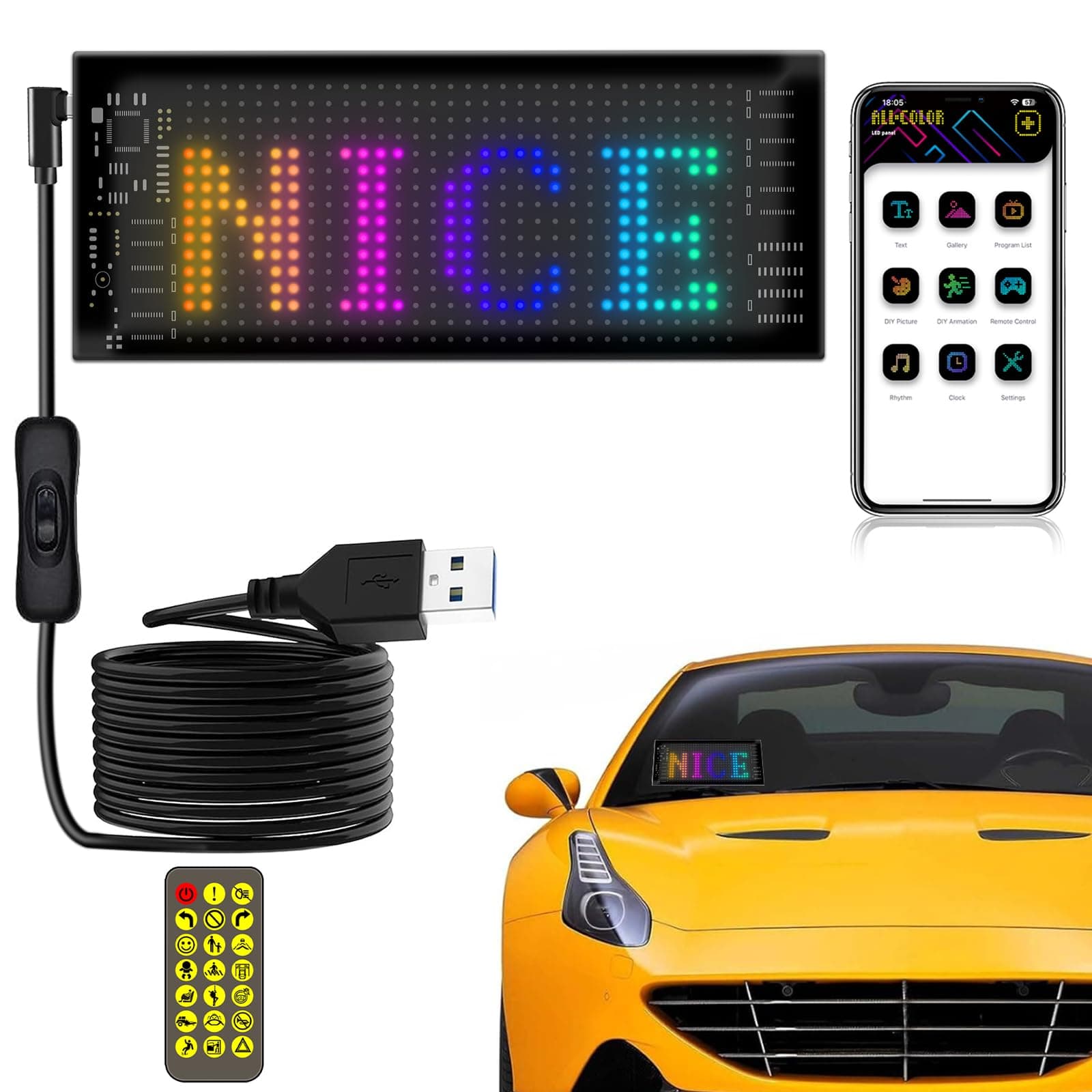 Car LED Sign - 17x7 CM Bluetooth App/Remote Control Flexible Programmable Scrolling LED Sign, USB 5V Custom Text Pattern Led Display Board Matrix Panel, Car Gadgets for Bar Party Truck