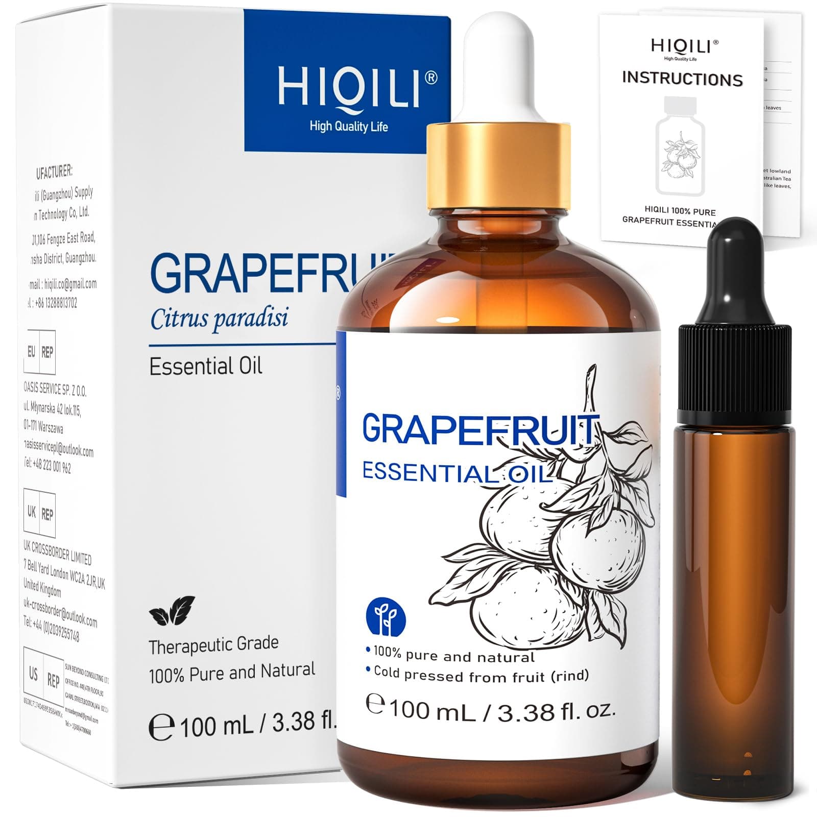 100 ml Grapefruit Essential Oil, for Diffuser, Skin Care, 100% Pure and Natural - 3.38 Fl Oz