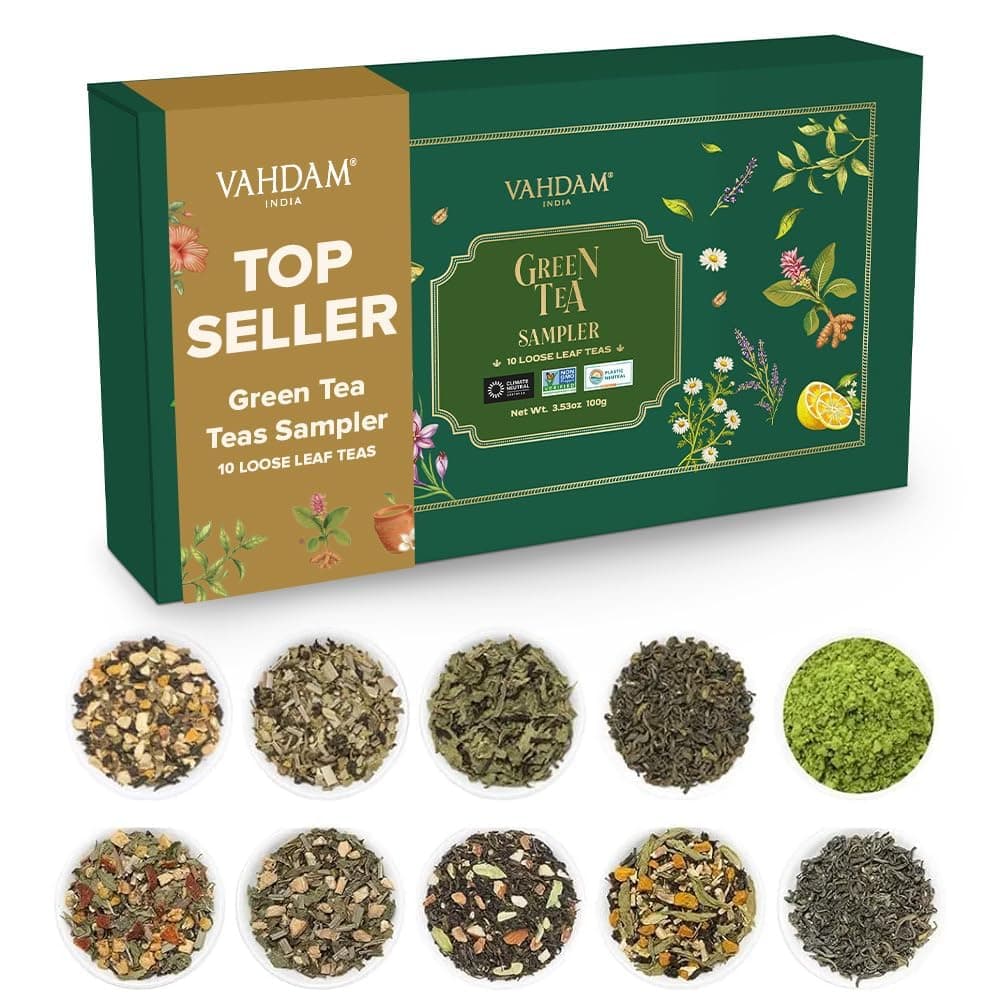 Assorted Green Tea Loose Leaf Tea Gift Set (10 Flavors) Gift Ideas for Women & Men | Exotic Himalayan Green Tea Blends | Resealable Ziplock Pouch | Gifts for Him/Her