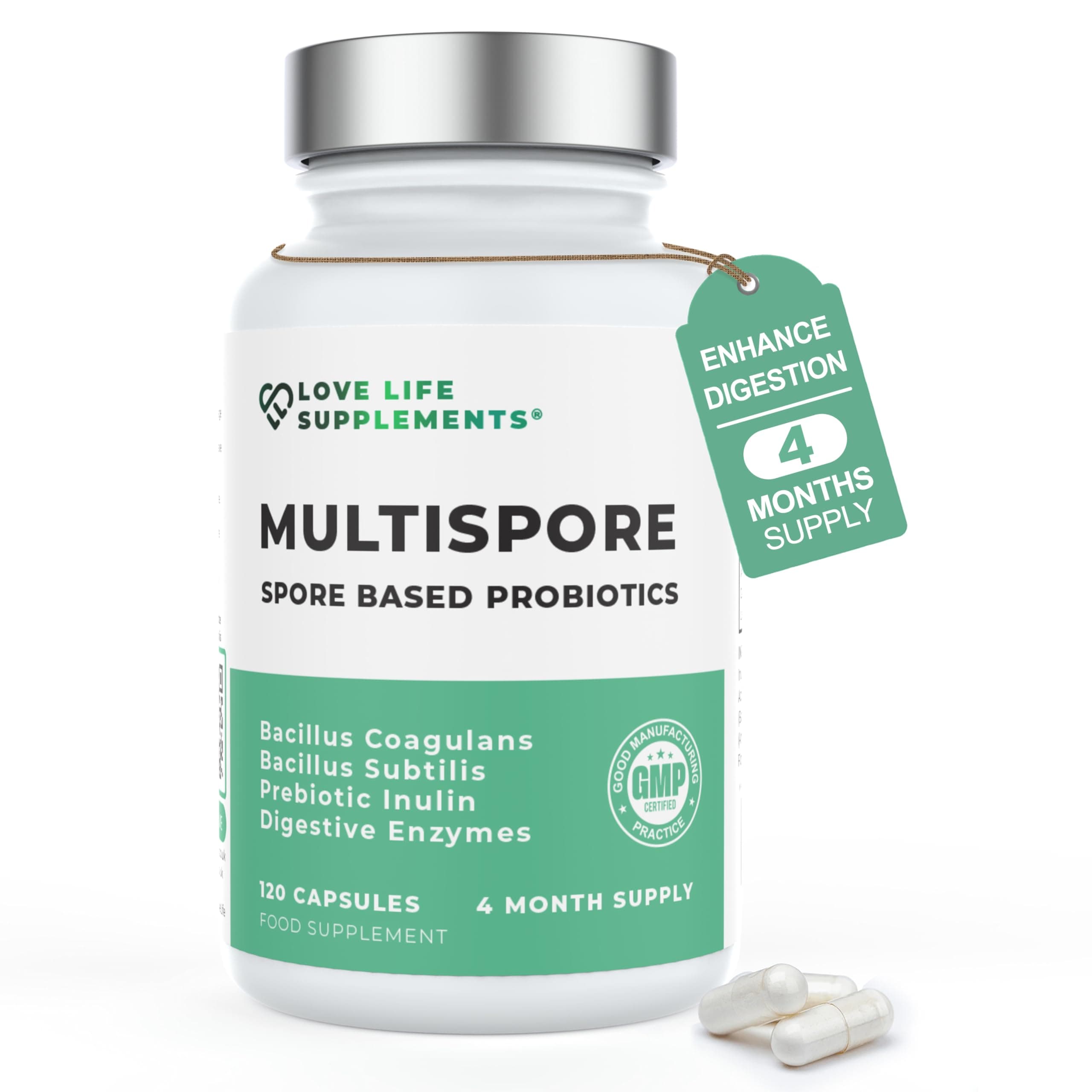 MultiSpore® Plus Probiotics, 4 Month Supply - 120 Capsules, Bacillus Coagulans & Bacillus Subtilis Spore Based Probiotic, Bloating Relief/Gut Health, with Digestive Enzymes & Prebiotic Inulin, UK Made