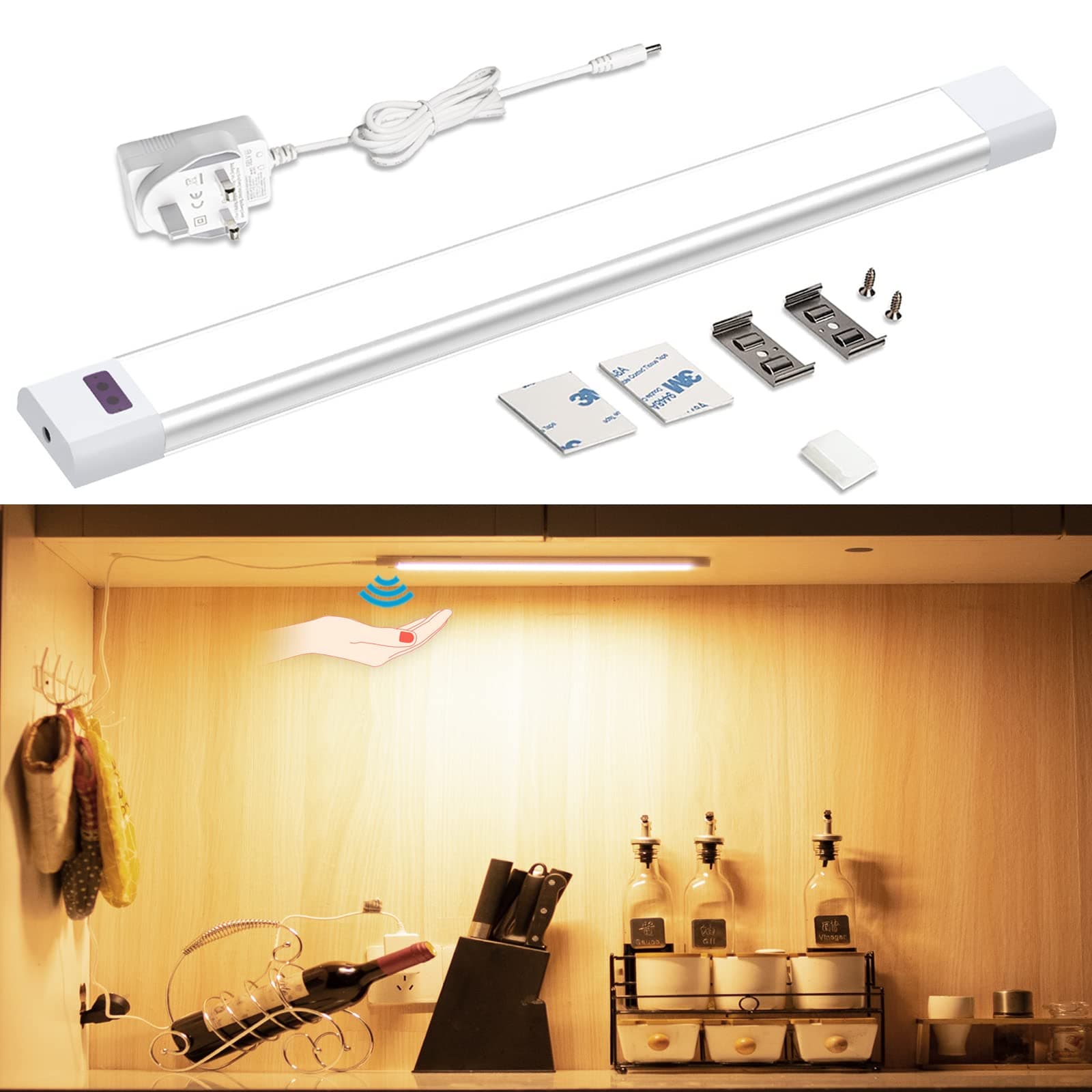 WOBANE Under Cabinet Lighting,Hand Wave Sensing,Plug in LED Light Bar,30cm Super Bright Cabinet Lights Kit for Kitchen,Counter,Shelf,Desk,Workbench,2700K Warm White,1 Panel,5W,12V Adapter,280lumen