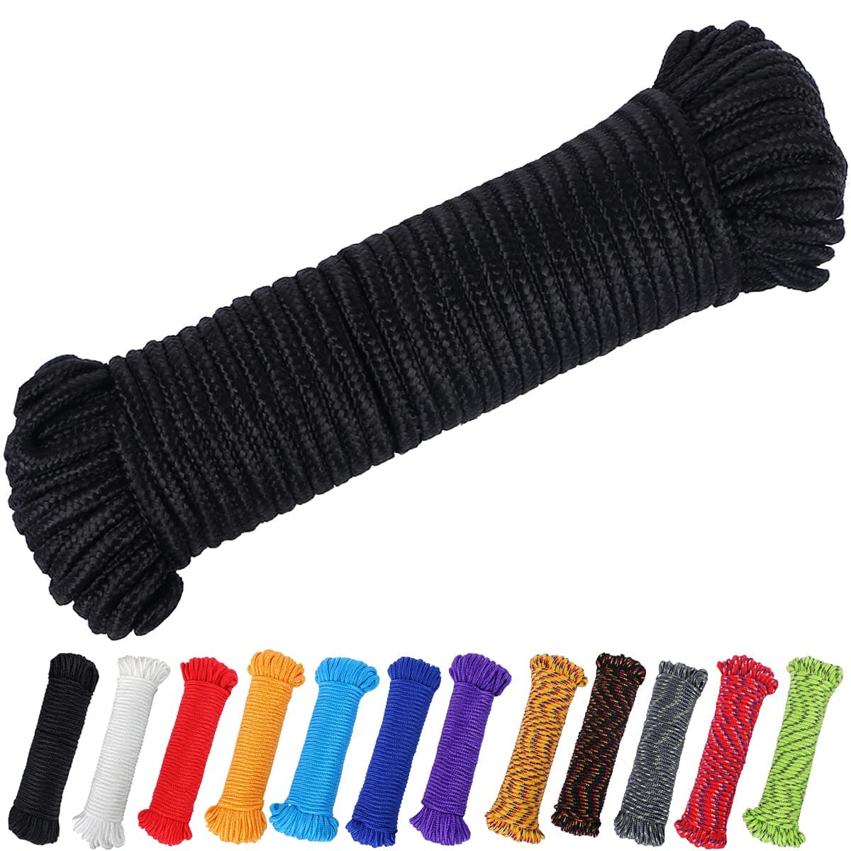 90 ft 1/4 inch (7mm) Polyester Rope (Nylon - Like Durability) Poly Flag Pole Clothes Line Camping Utility Good for Tie Pull Swing Climb Knot (Black)