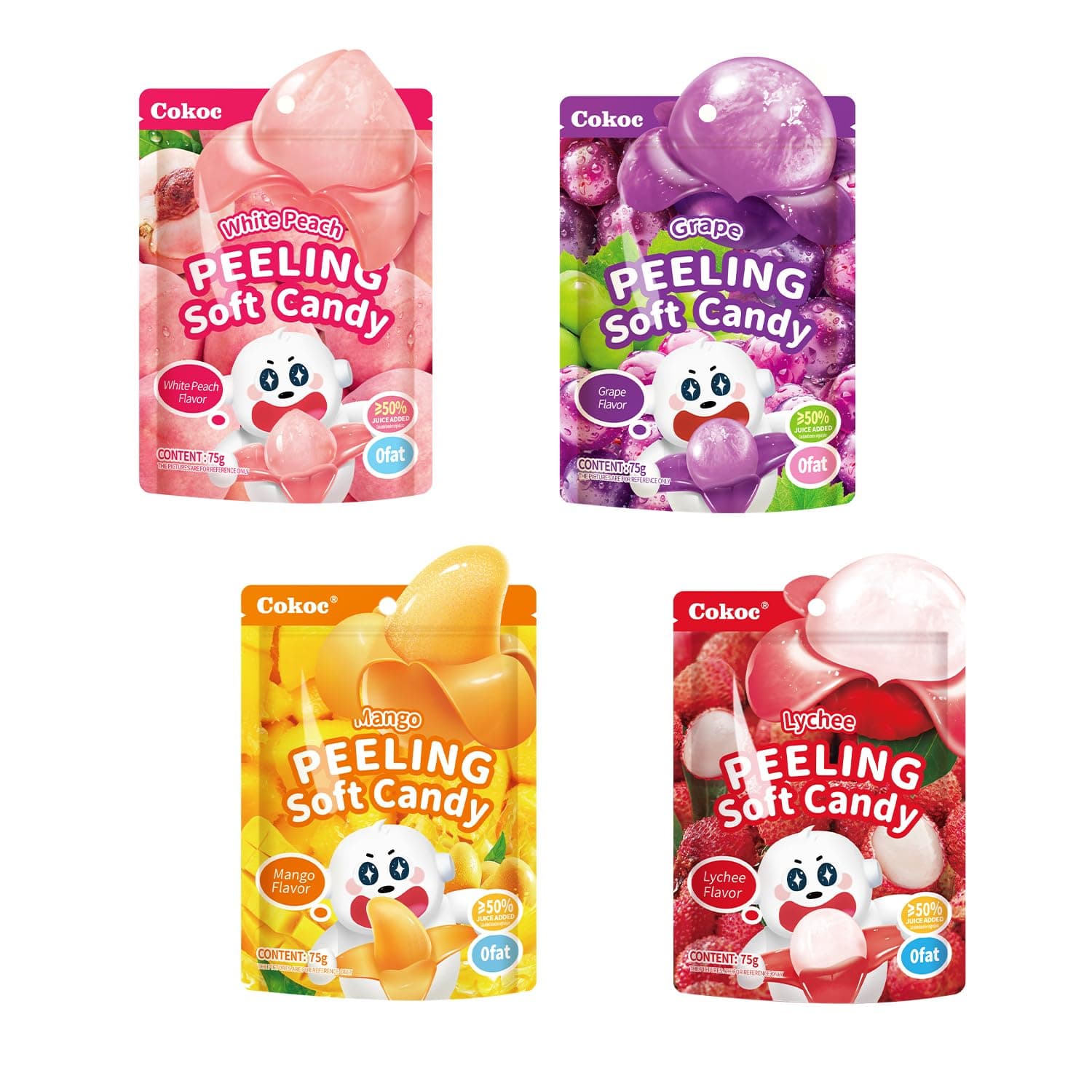 COKOC Peelable Gummies Variety Pack – 4 Fruit Flavors（Mango,Grape,Peach,Lychee) Fruit Candy Treats, 10.58oz(300g),Individually Wrapped,Easter Candy Bag