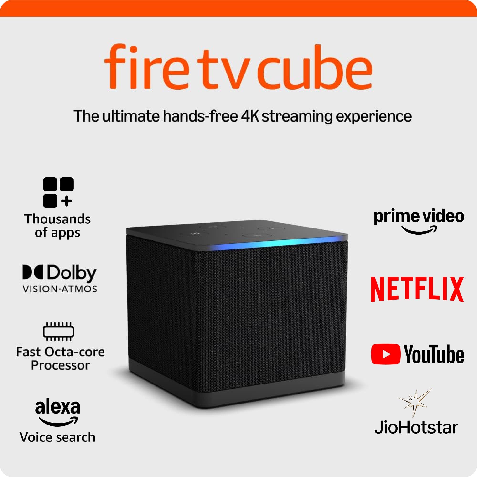 - Fire TV Cube | Hands-free streaming device with Alexa, Wi-Fi 6, 4K Ultra HD