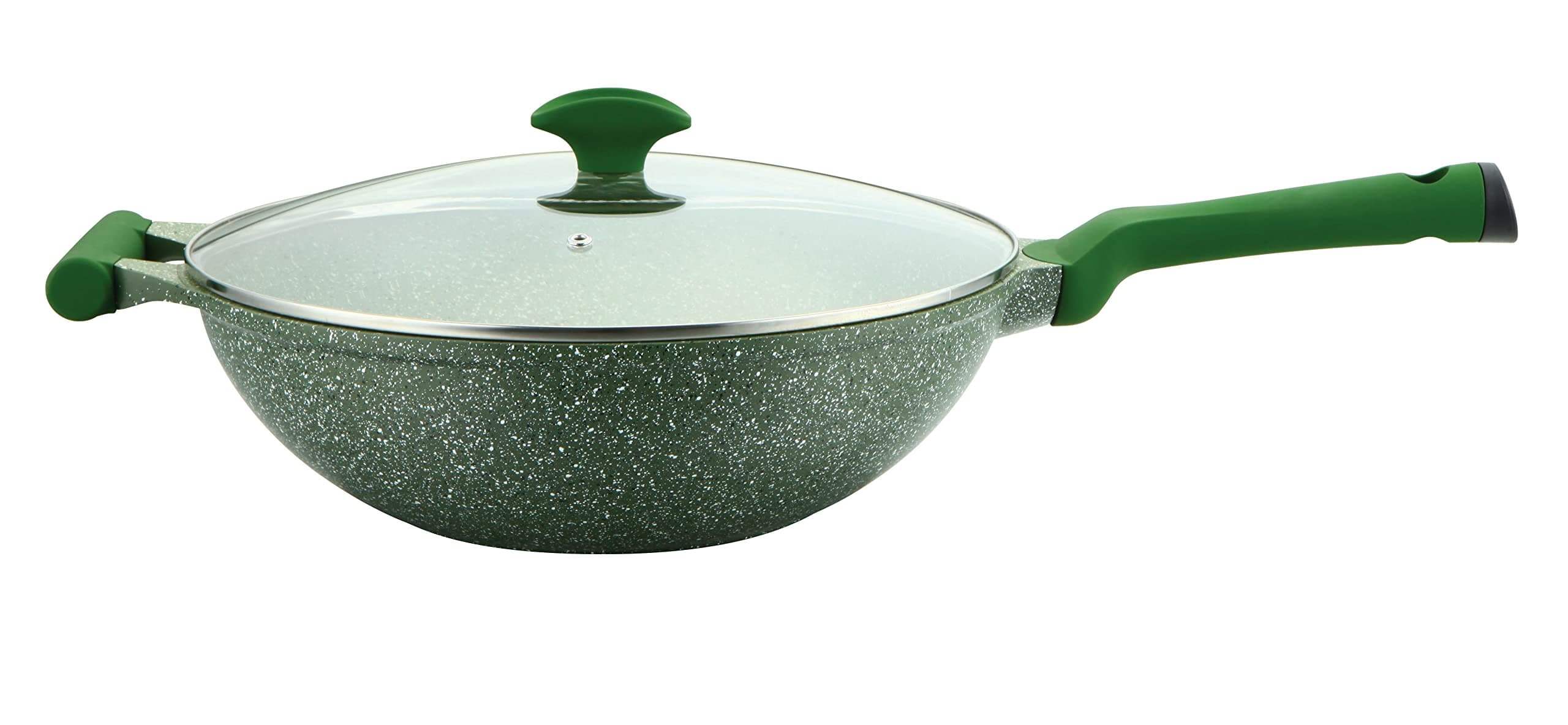 Essentials Wok Pan 32 Cm | Induction Compatible Non Stick Pan | Granite Coted Cooking Pot | Green - PR81118