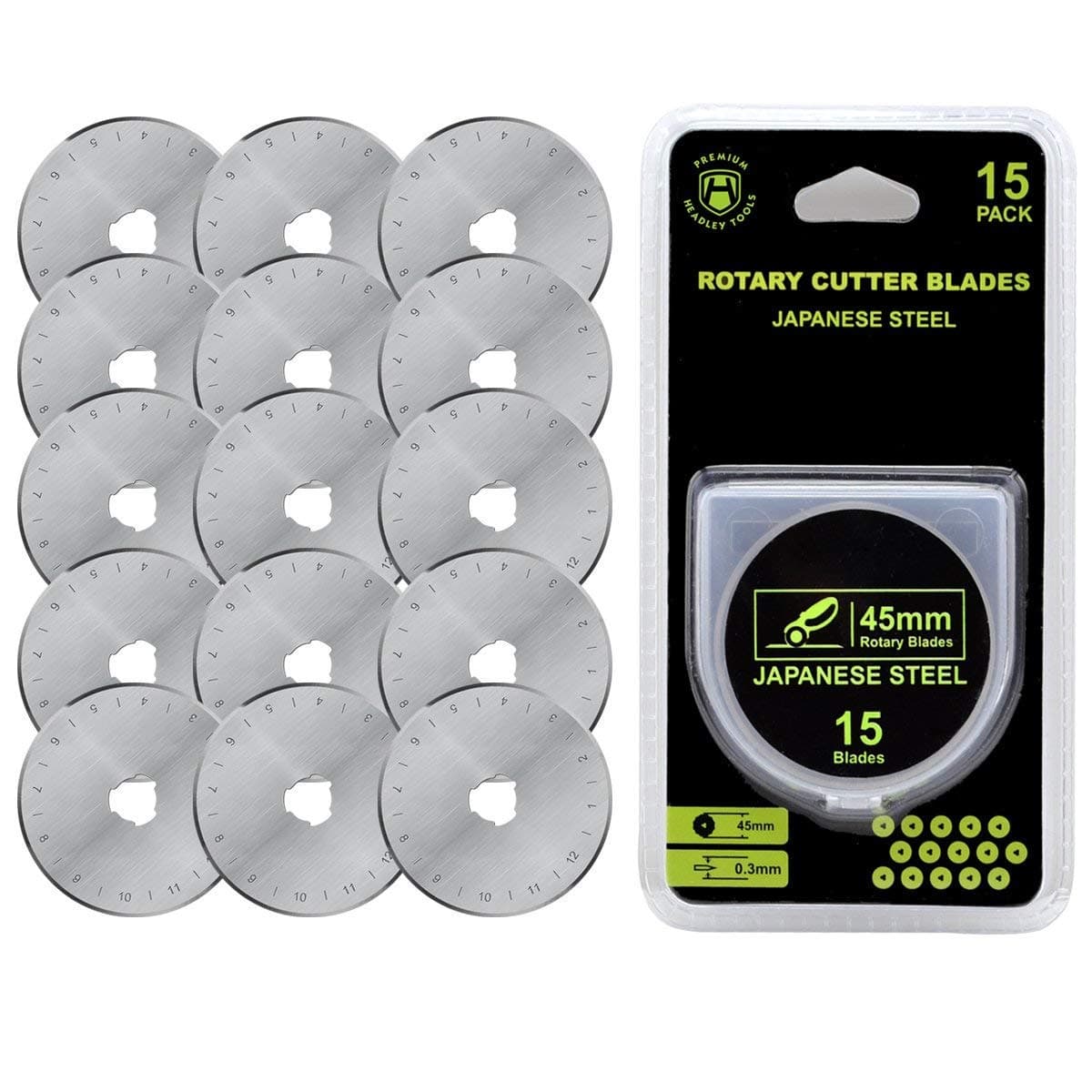 HEADLEY TOOLS 45mm Rotary Cutter Blades 15 Pack Fits Olfa, Fiskars, Replacement Rotary Blade for Arts Crafts Quilting Scrapbooking Sewing, Sharp and Durable