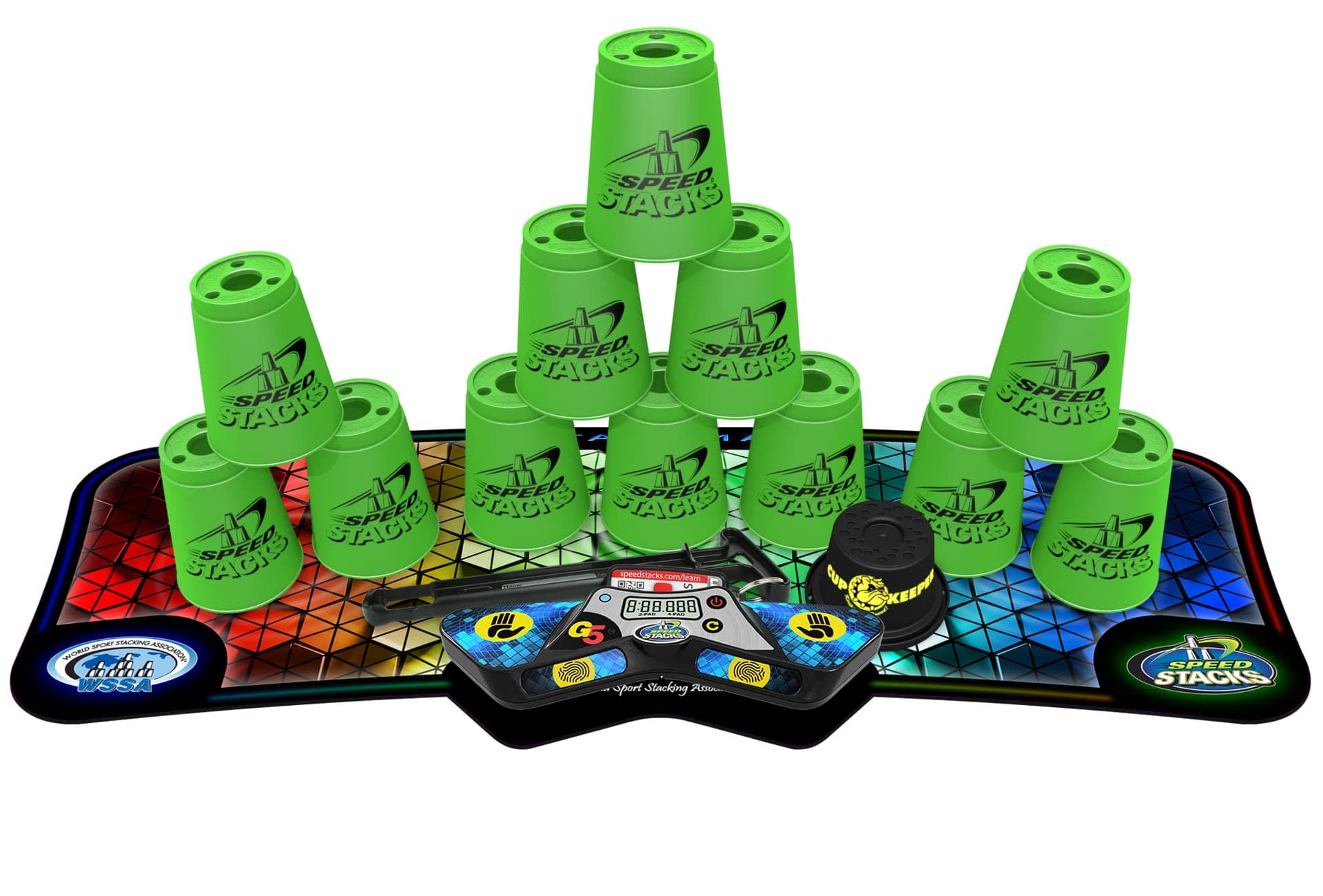 Sport Stacking Competitor | Green - 12 Cups | Holding Stem | G5 Timer and Voxel Glow Mat | WSSA Approved
