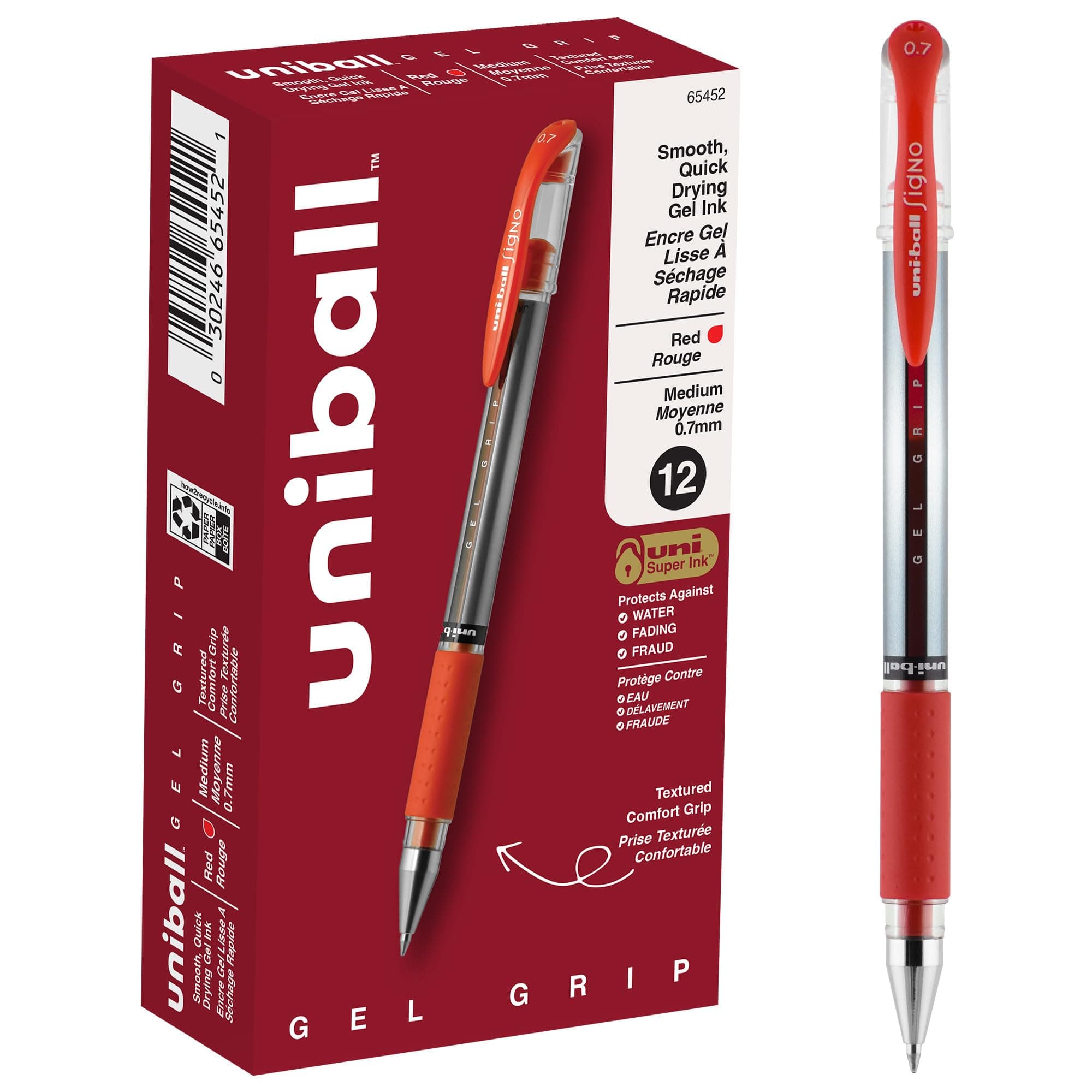 uni-ball Gel Grip Pens, Medium Point (0.7mm), Red, 12 Count