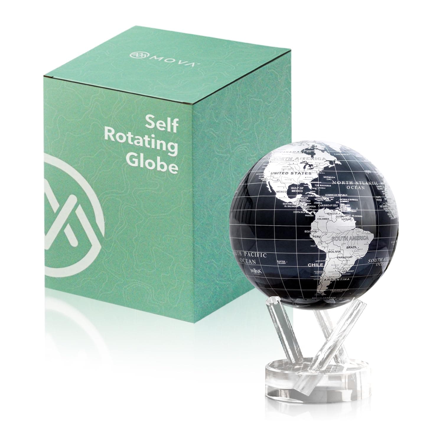 Globe Black and Silver 4.5" with Base, Solar Powered Rotating Globe No Need of Battery or Chord, Unique Gift and Decoration