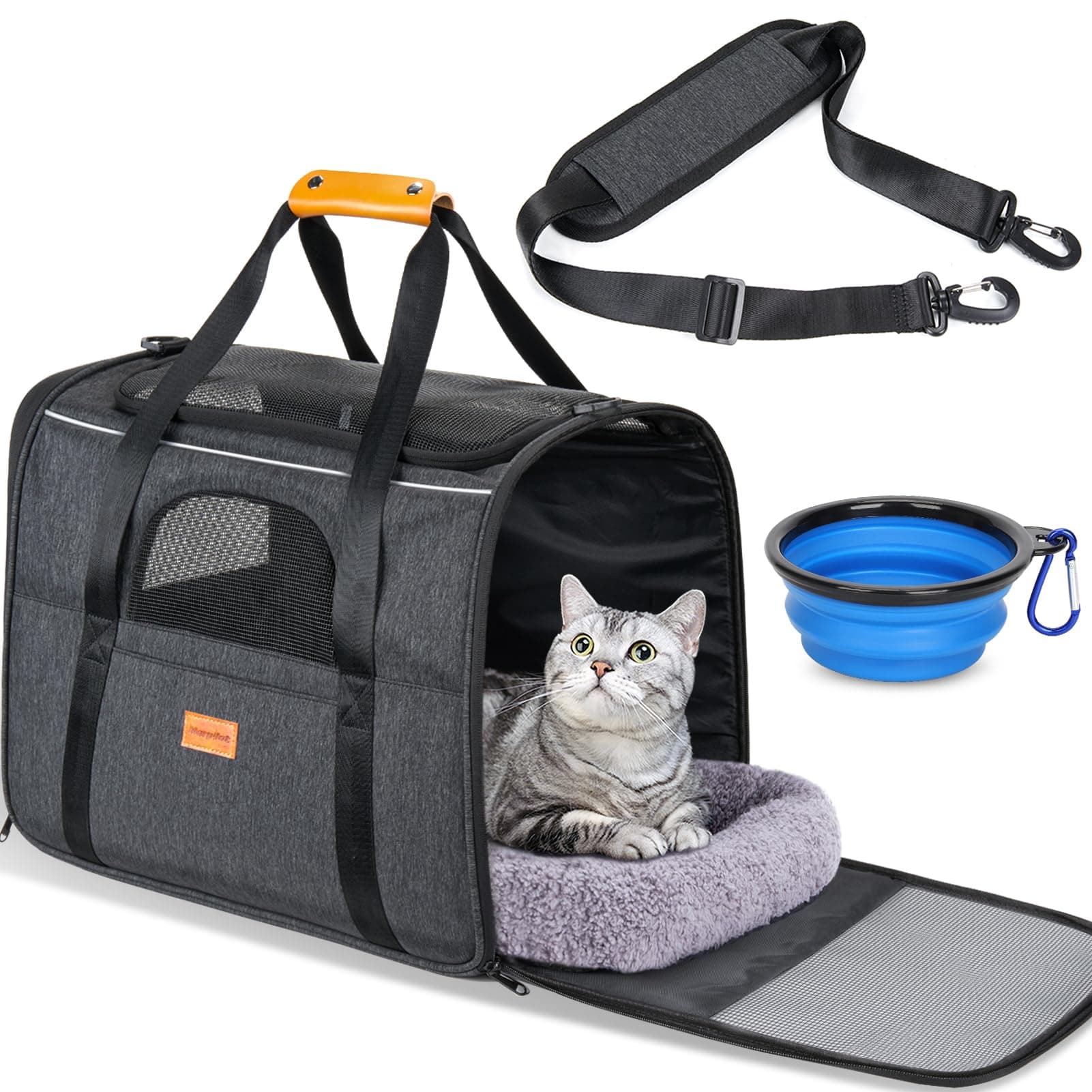 Morpilot Cat Carrier - Cat Carrier Soft for Medium or Large Cats up to 20lbs, with Dual-Sided Cushion, Secure Buckle and Foldable Bowl, Dog Carriers for Small Dogs - Pet Carrier (Dark Gray)