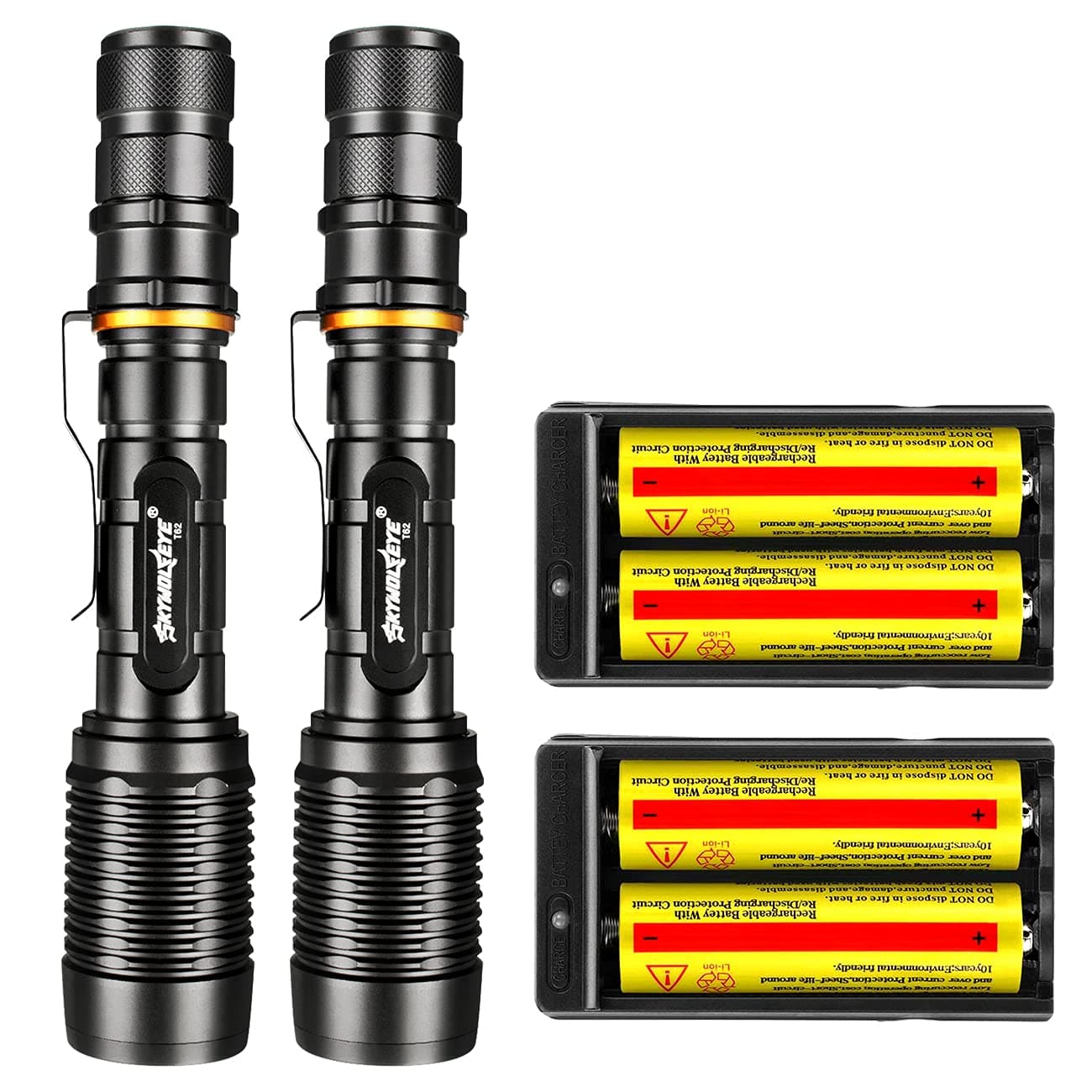 Skywolfeye 2 Sets 4000 Lumen Rechargeable Flashlight with 4Pcs 3.7V 18650 Battery and Charger, Ultra Bright Adjustable Focus Tactical Flash Light Torch, 5 Modes for Camping, Hiking, Outdoor