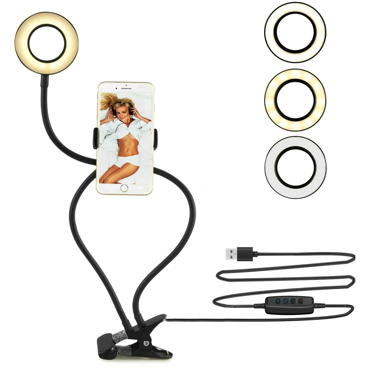 Selfie Ring Light with Cell Phone Holder Stand for Live Stream, YouTube, Facebook and Makeup, LED Night Light Clamp on Lazy Bracket with Flexible Long Arms for iPhone and Android Phone