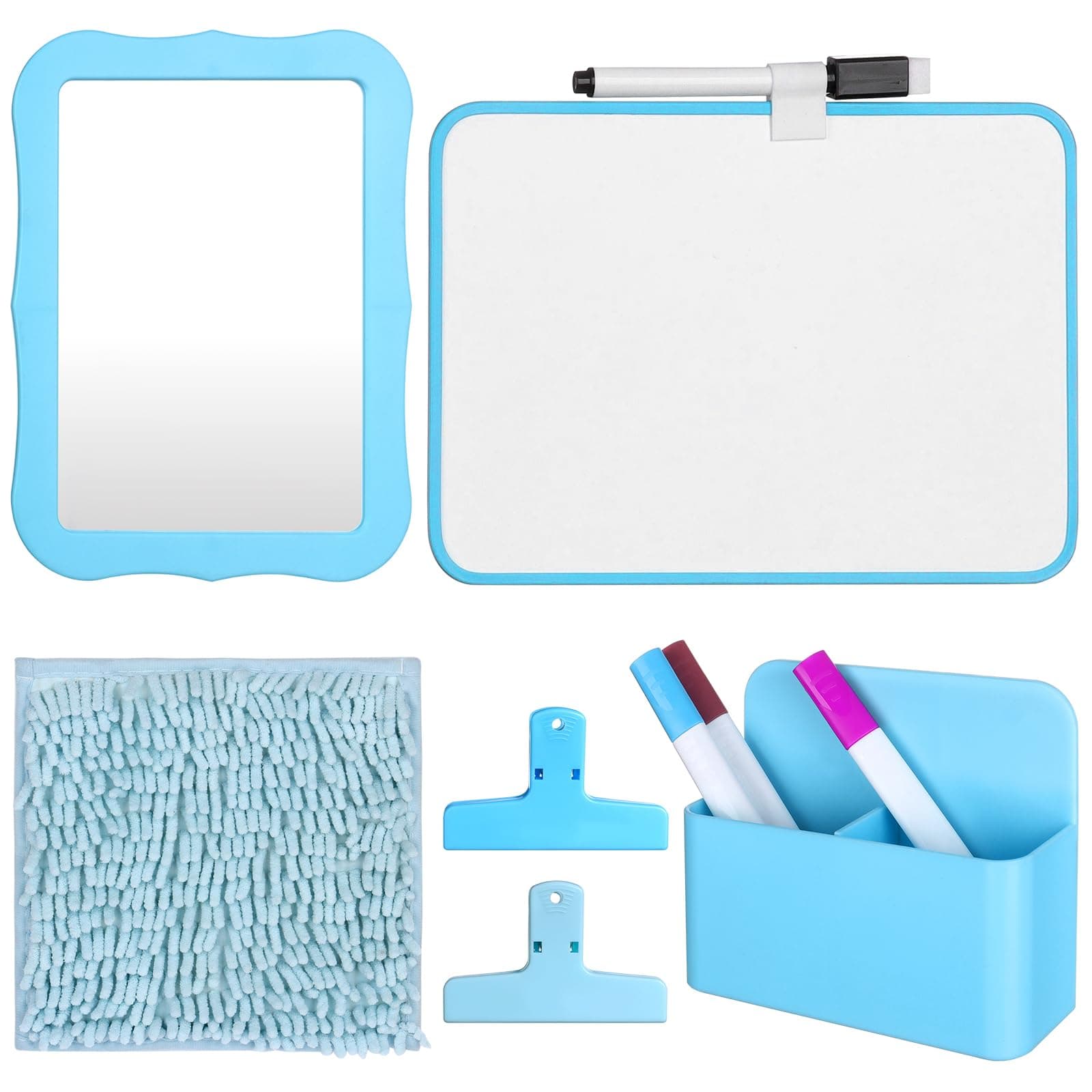 6 Pcs Magnetic Locker Mirror Set Locker Accessories Kit School Locker Decorations Back to School Essentials with Mirror Whiteboard Pen Holder Clip Pen Rug for Office School Gym Locker (Blue)