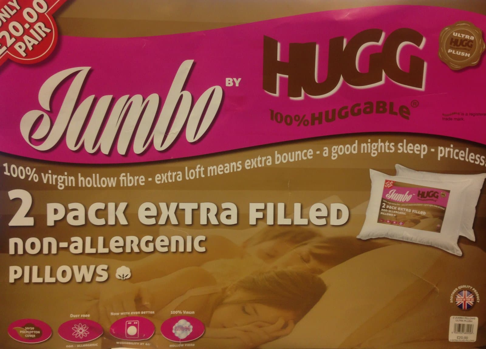 HUGG The Jumbo Pillow Pair, Extra Filled, Extra Bounce, Non-Allergenic, Hollow Fibre Filled