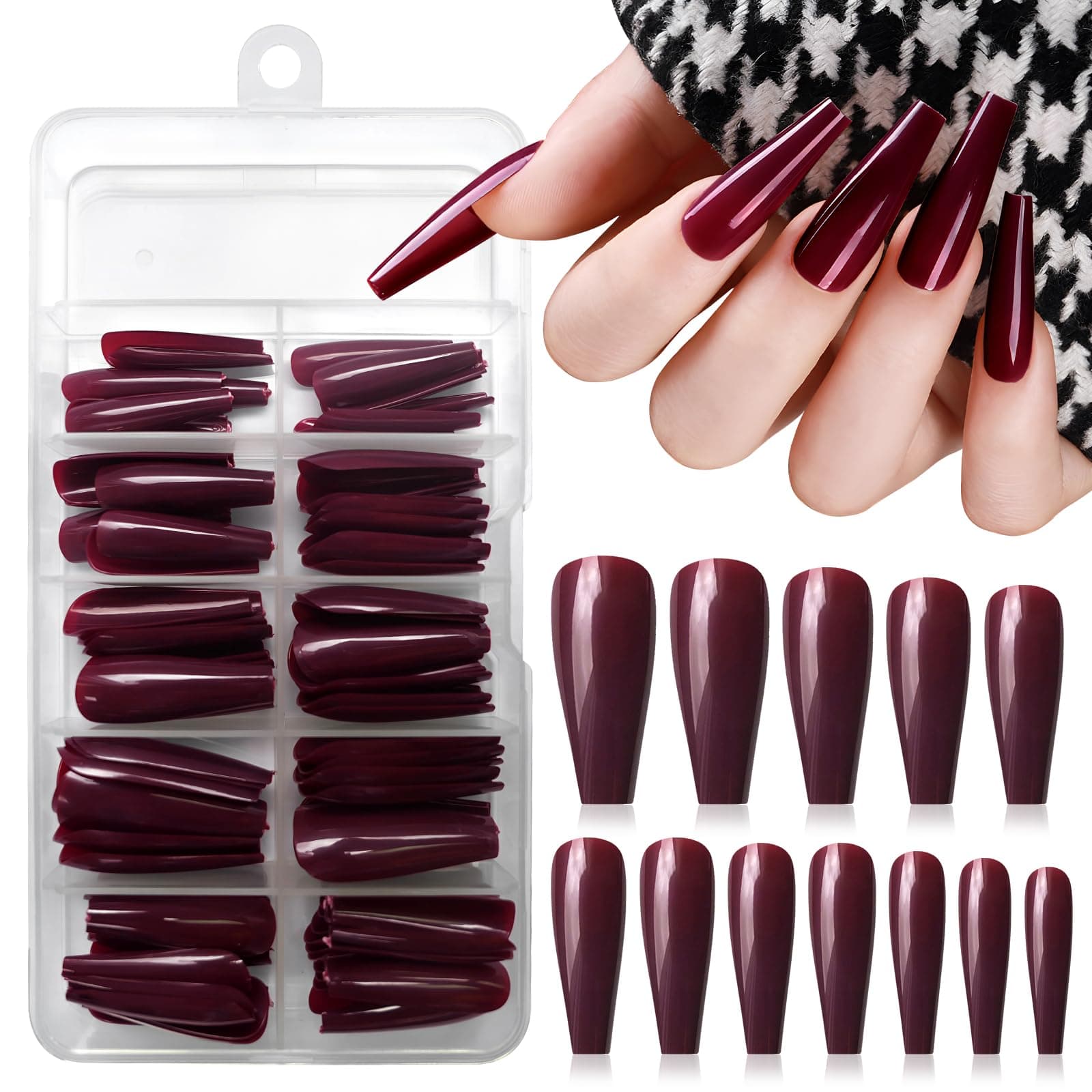 Lifextol 120pc Coffin Press on Nails Medium Length Colored Long Ballerina Fake Nails Full Cover Acrylic Tips False Artificial Fingernails Deep Burgundy Medium Coffin Presson Nails for Women Girls
