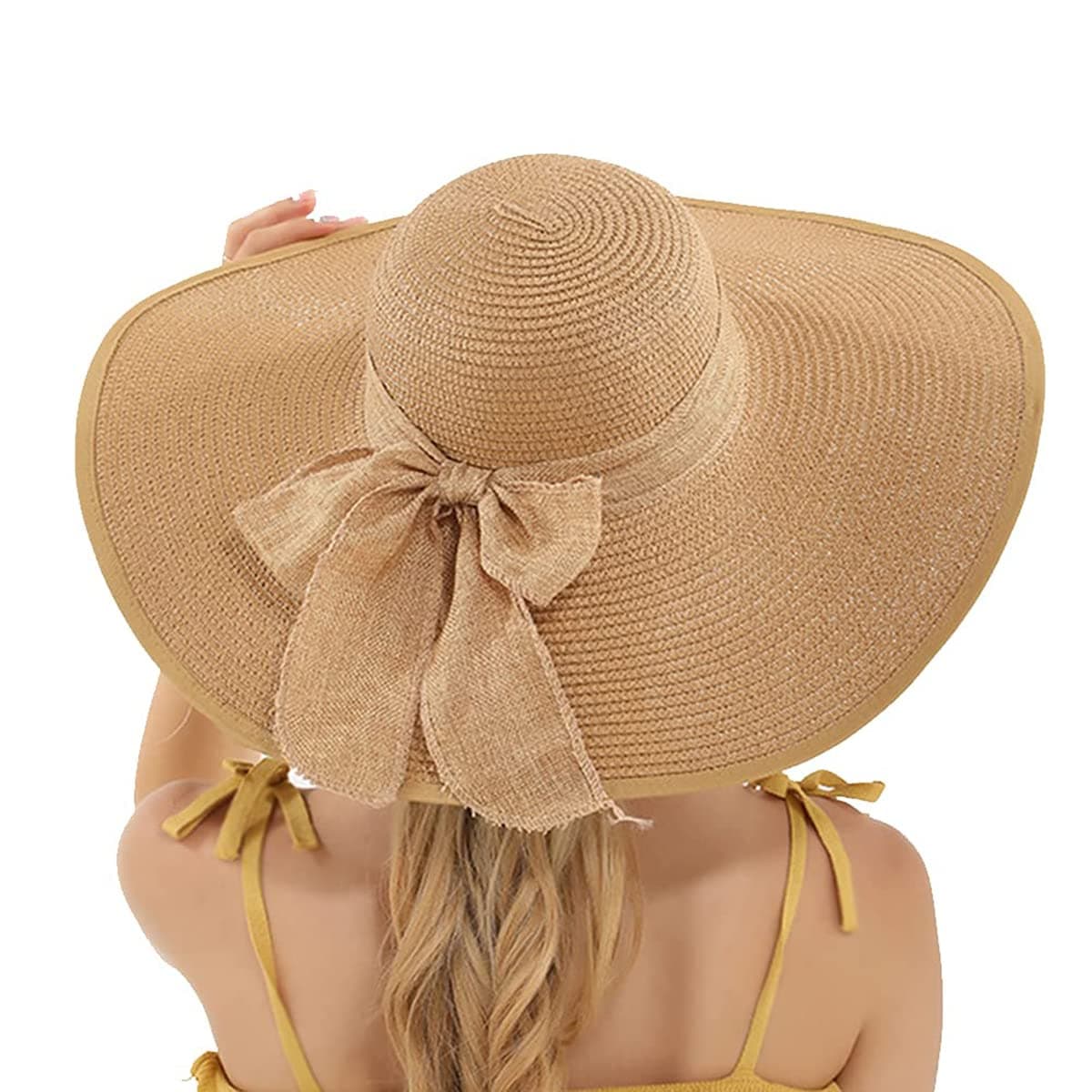 Womens Big Bowknot Straw Hat Large Floppy Foldable Roll up Beach Cap Sun Hat Summer UV Protection Beach Cap