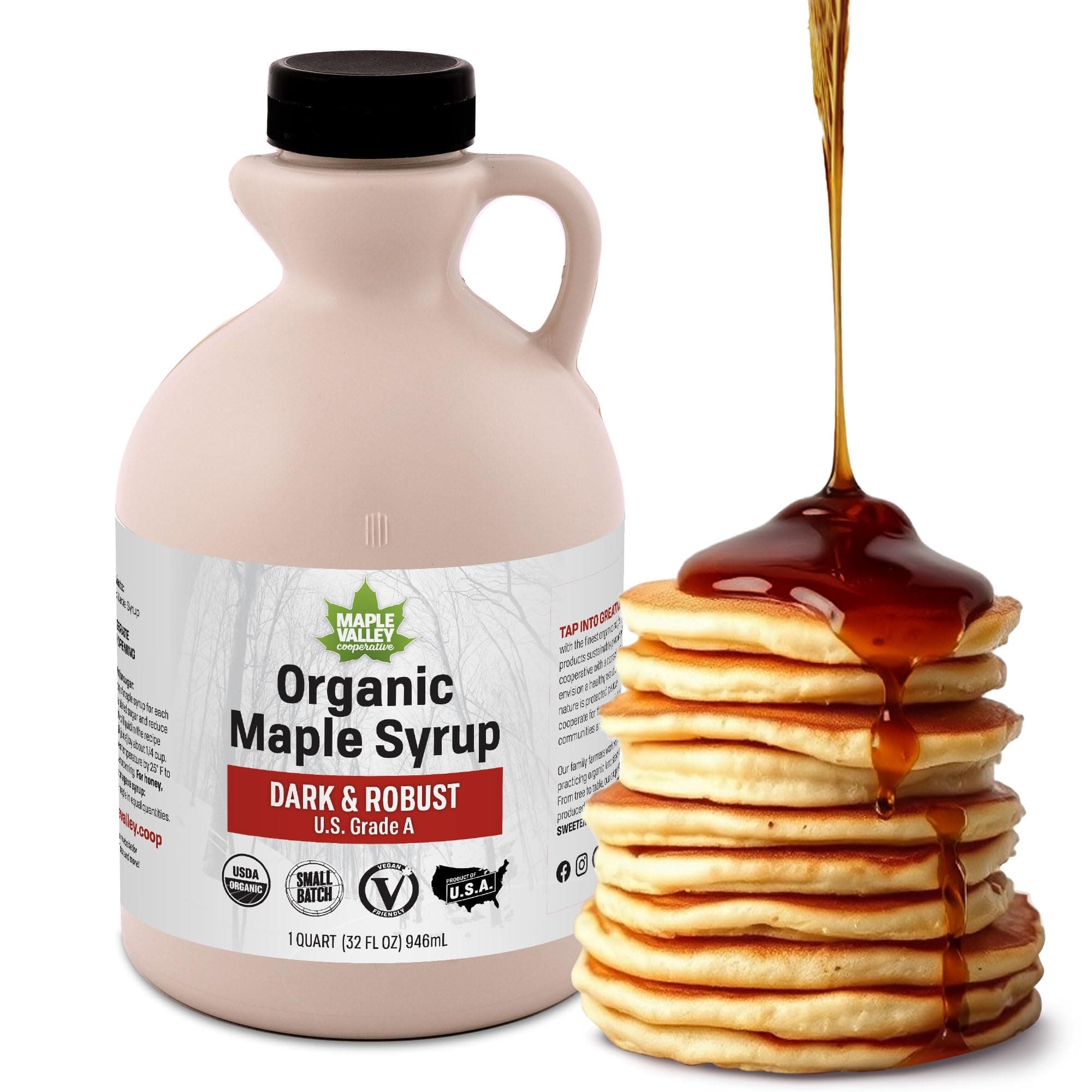 Organic Pure Maple Syrup, Dark & Robust Better Than Pancake Syrup, Use for Coffee or All-Natural Sugar Substitute in Cooking and Baking (32oz Plastic Jug)