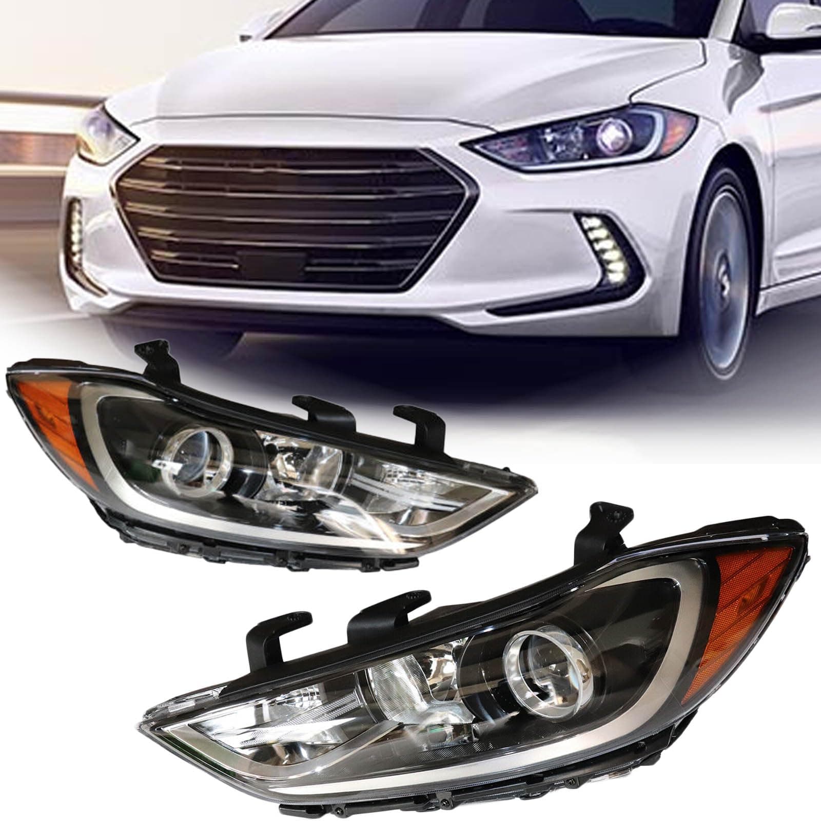 For 2017-2018 Hyundai Elantra SE SEL Value Edition Halogen Headlights Assembly, Front Headlamp Replacement 11410015R 11410016L 92102F3000 HY2503206 (Driver+Passenger Side)