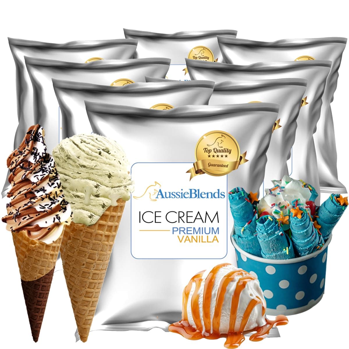 AussieBlends Premium Vanilla Ice Cream Mix For Soft Serve, Rolled Ice Cream, Gelato, Liquid Nitrogen, 8-Pack, Imported, Uncomparable creaminess.