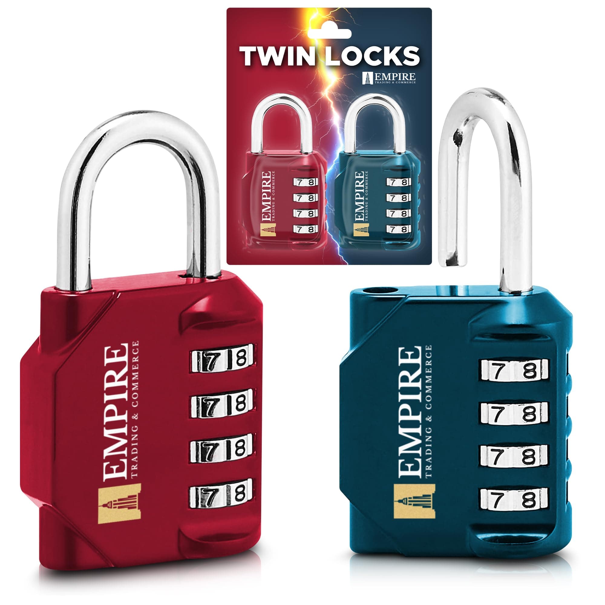 Empire Pack of 2 Combination Padlock, 4 Digit Padlocks with Code, Heavy Duty Weatherproof Outdoor Locker Padlocks for School, Gym, Cabinet, Garage, Gate, Tool Box (Red & Blue)