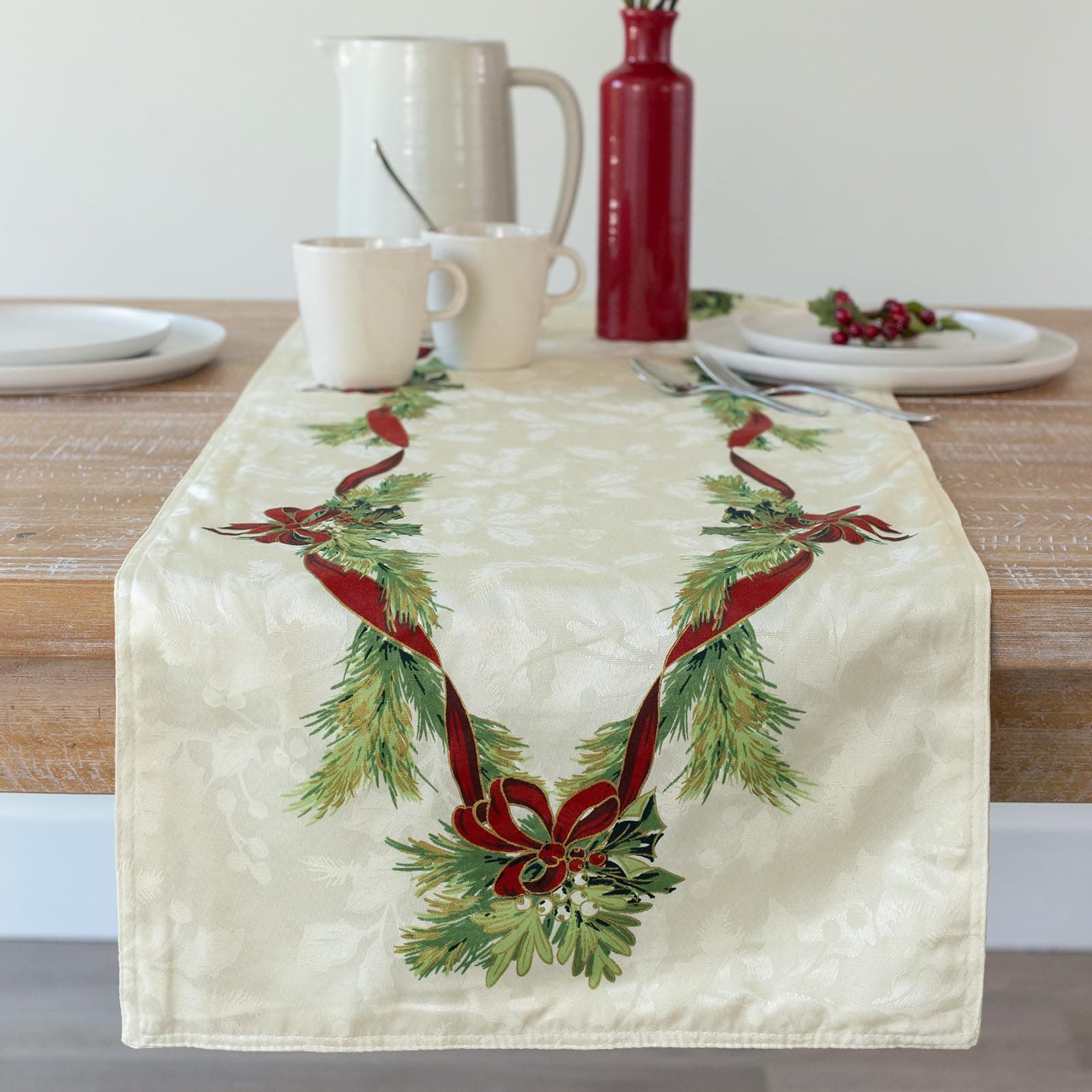 Benson Mills Christmas Ribbons Engineered Printed Fabric Table Runner, Winter, Holiday and Christmas Tablecloth (16" X 90" Table Runner, Xmas Ribbons)