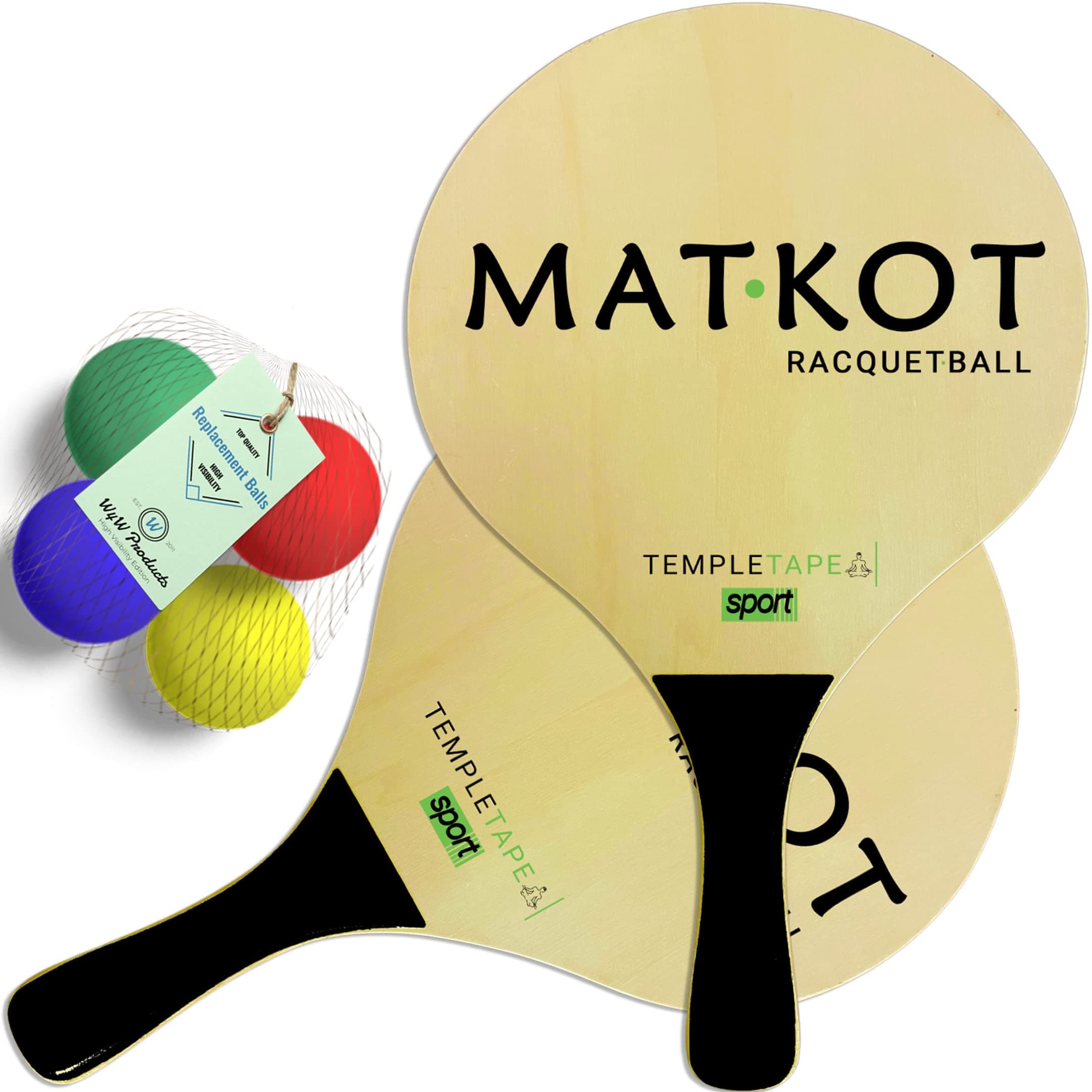 W4W Kadima Beach Paddle Ball Racket Set - Bundle Pack Includes 4 Balls & 2 Paddles