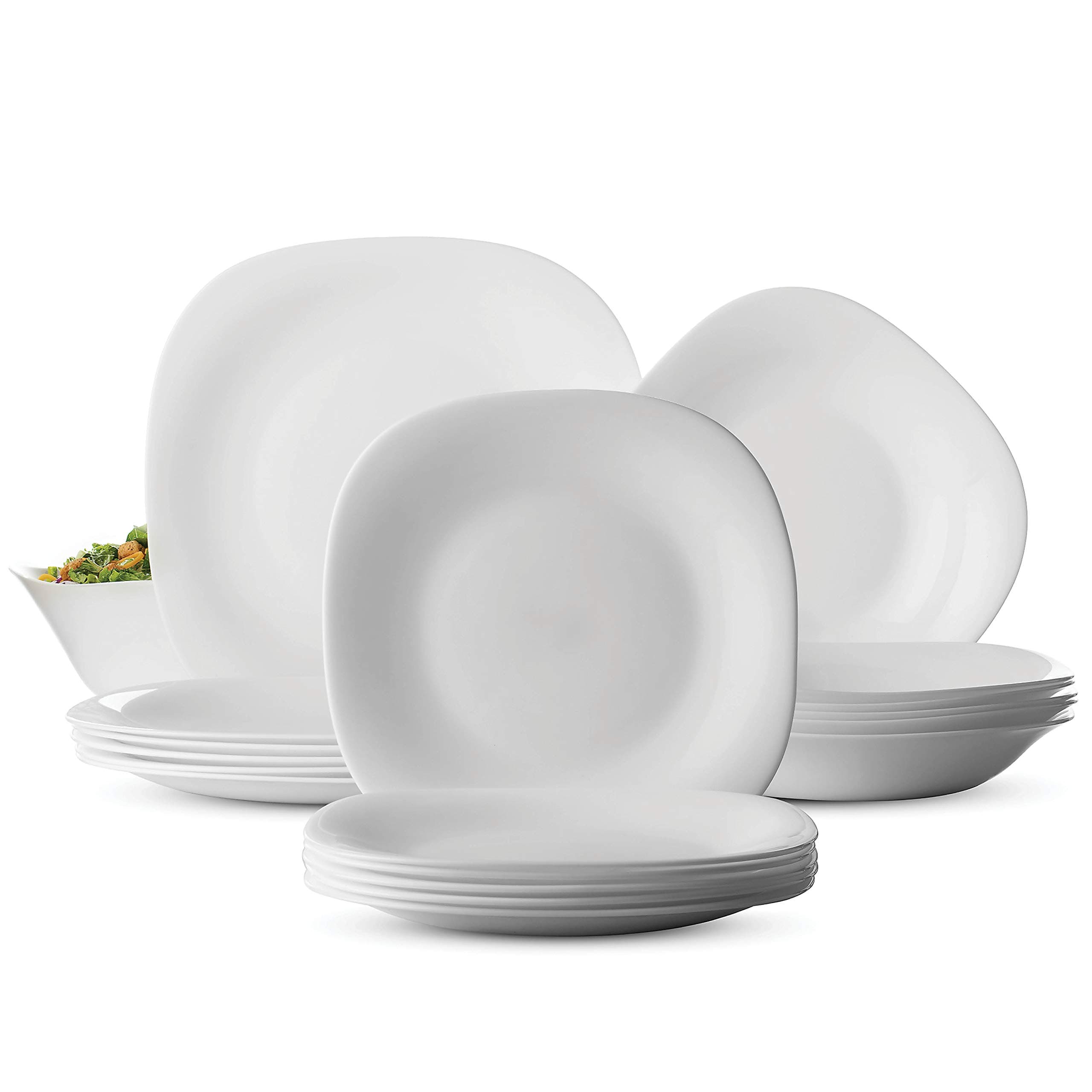 Bormioli Rocco PARMA 19-Piece Dinnerware set Serving for 6, Includes 6x7.¾" Dessert Plates 6x8.¾" Soup Bowls 6x10.¾" Dinner Plates and 1 Large Salad Bowl, Classic Modern Design, Fine Opal Glass, White
