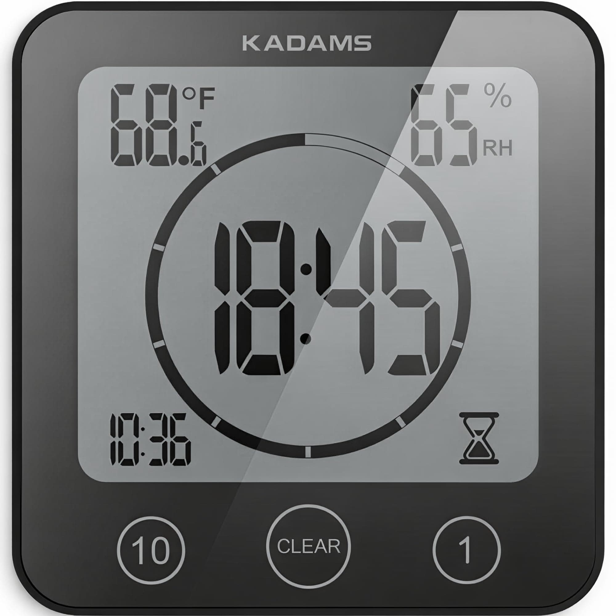 KADAMS Digital Bathroom Shower Kitchen Wall Clock Timer with Alarm, Waterproof for Water Spray, Touch Screen Timer, Temperature Humidity, Suction Cup Hanging Hole Stand (Black)