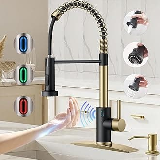 Touch-Less Kitchen Faucet, 3 Modes Pull Down Sprayer, Sensor Activated, LED Temperature Control, 360-Degree Rotation, 1 or 3 Hole Deck Plate. 10-Year Warranty.(Black/Matt Gold, KW-79GR)
