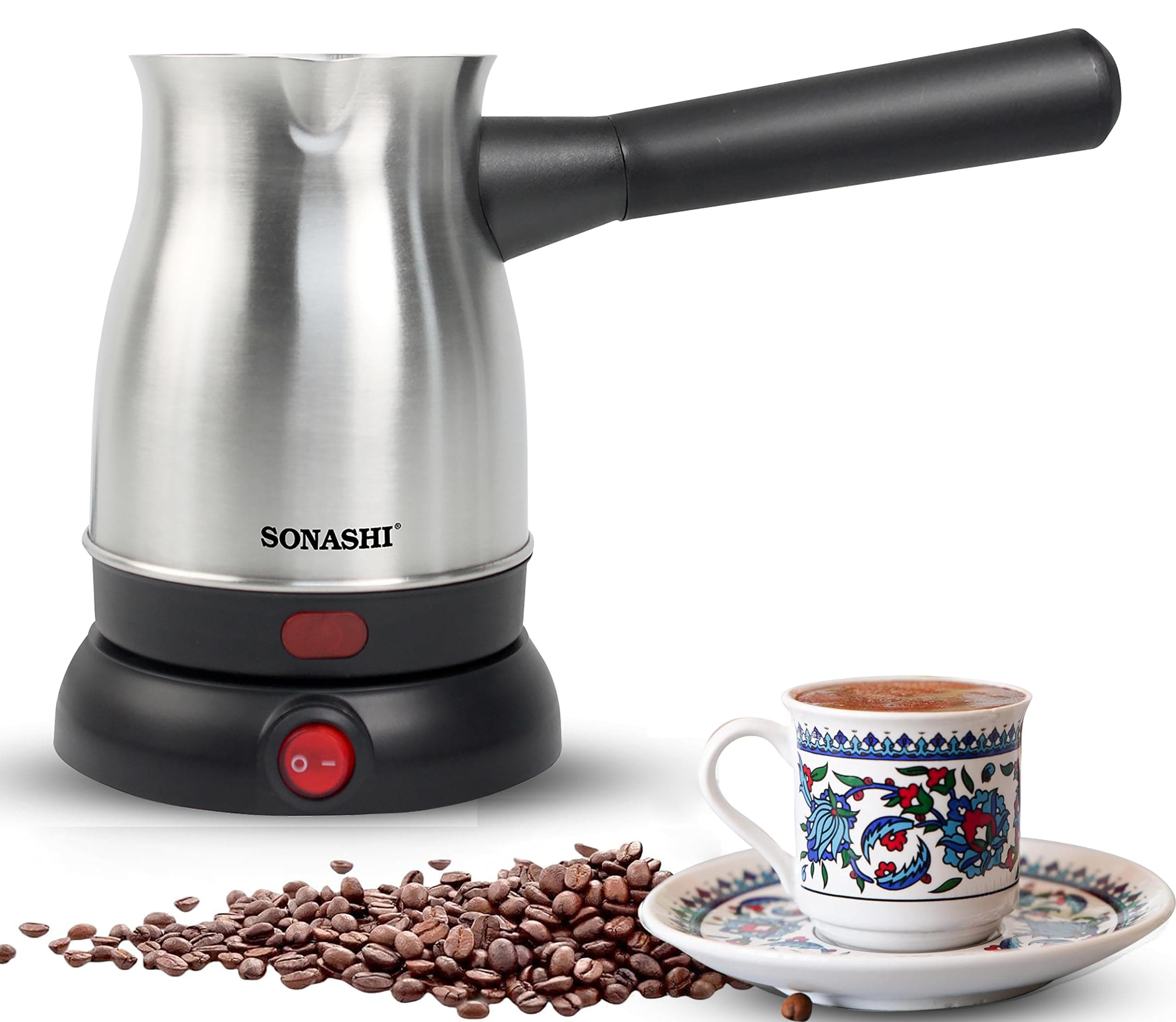 Sonashi Turkish Coffee Maker with 800ml Jar - 360-Degree Cordless Base with Removable Handle | Auto Shut Off Feature STCM-4972