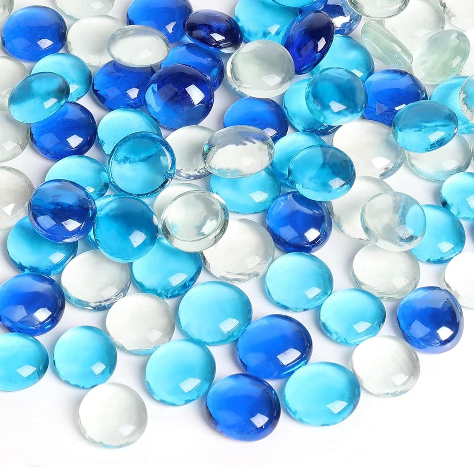 FUTUREPLUSX 0.97 pounds, Flat Glass Marbles, Blue Mixed Gemstone Vase Fillers Beads Decorative Glass Pebbles Floral Fish Tank Rocks for Vases Table Scatter Aquarium Decor