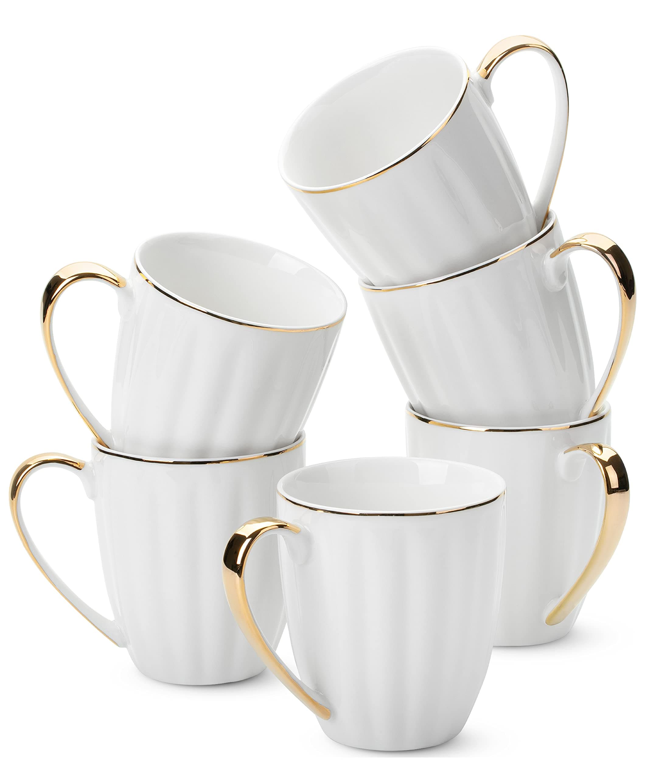 BTaT- White Coffee Mugs Set of 6 (12 oz), Porcelain White Coffee Mug Set with Gold Trim Design