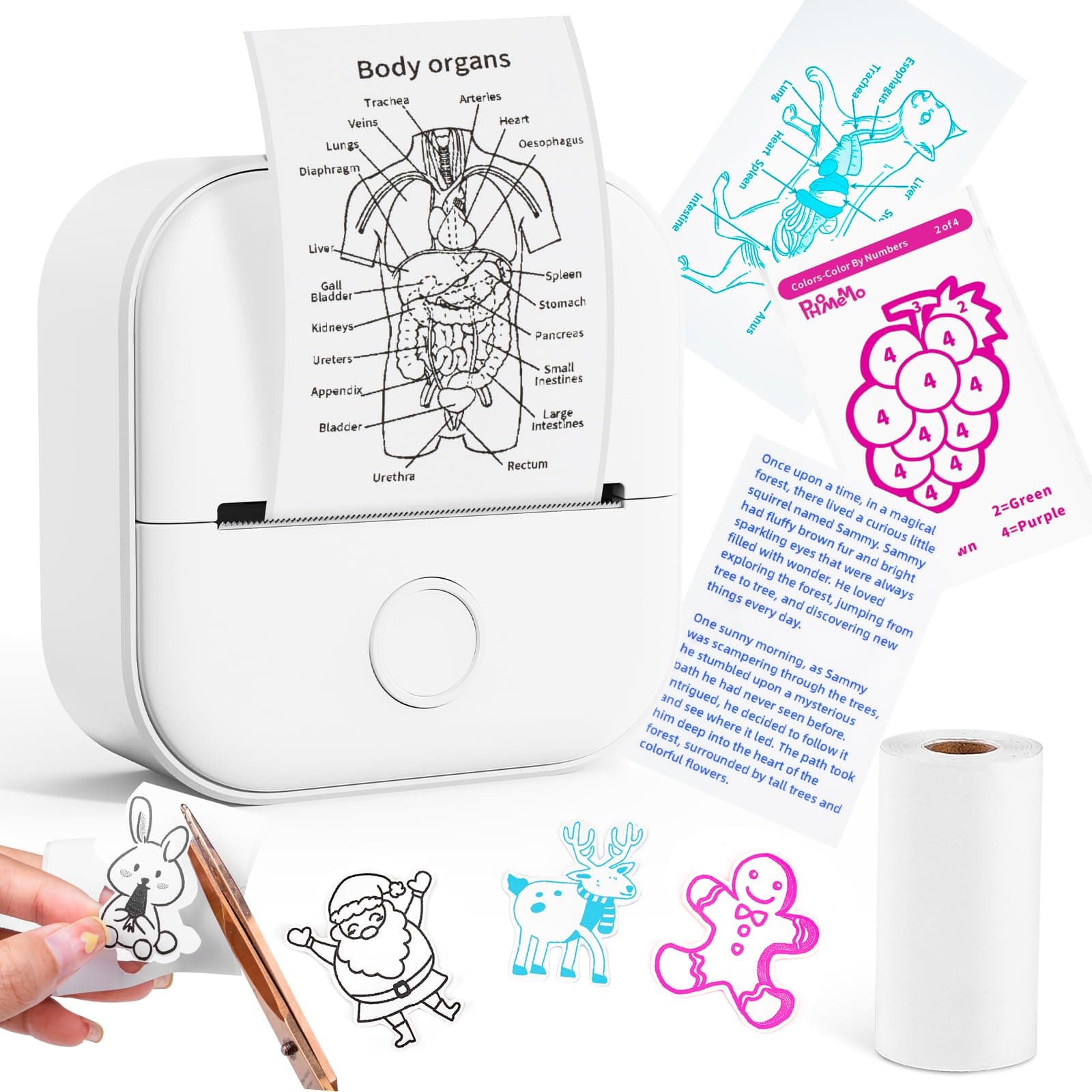 Memoking Mini Portable Printer - T02 Inkless Pocket Thermal Sticker Maker Mini Sticker Printer Mobile Label Maker for Student, Gift, White (Bunny Case Not Included)