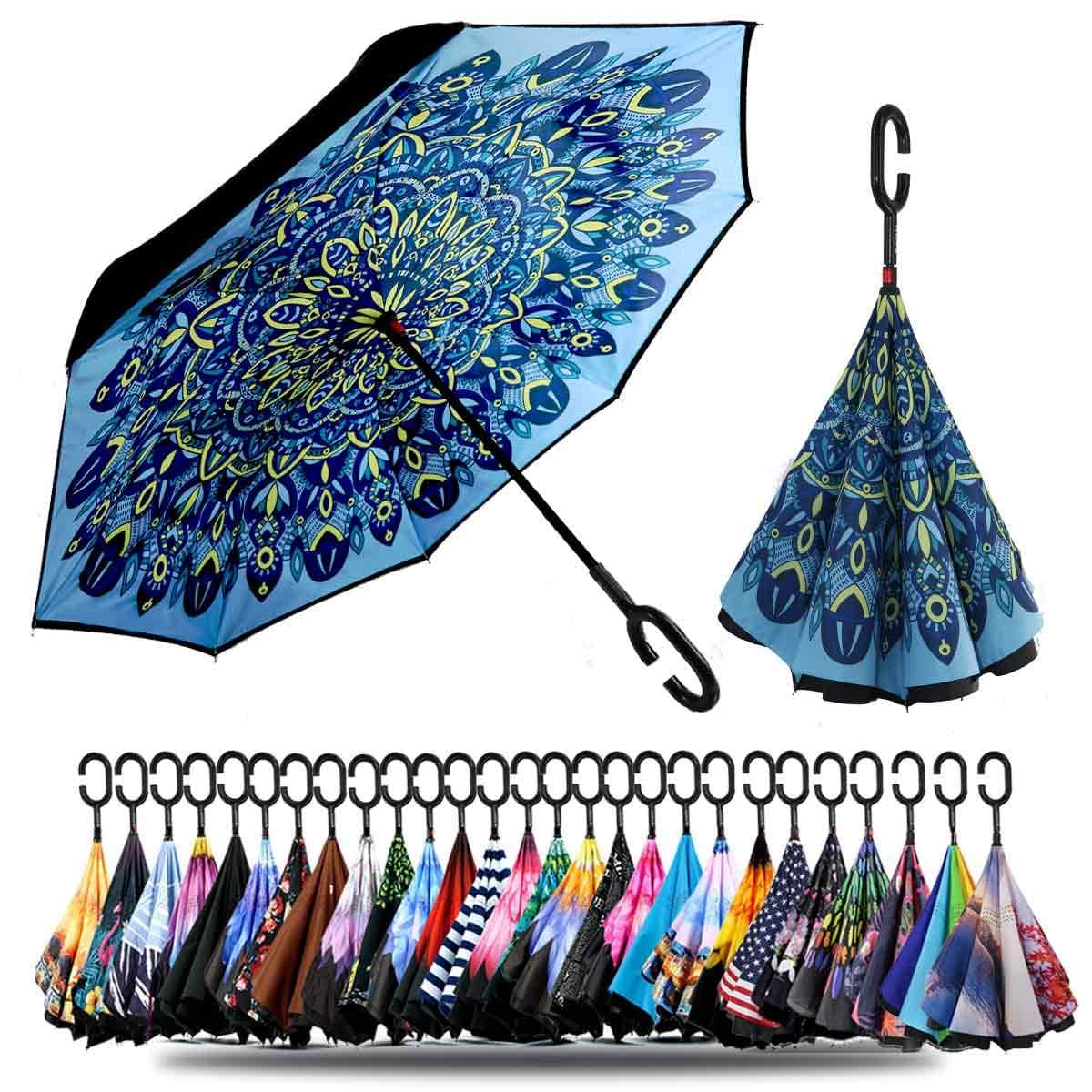 SIEPASA40/49/56/62 Inch Inverted Reverse Upside Down Umbrella, Extra Large Double Canopy Vented Windproof Waterproof Stick Umbrellas with C-shape Handle.