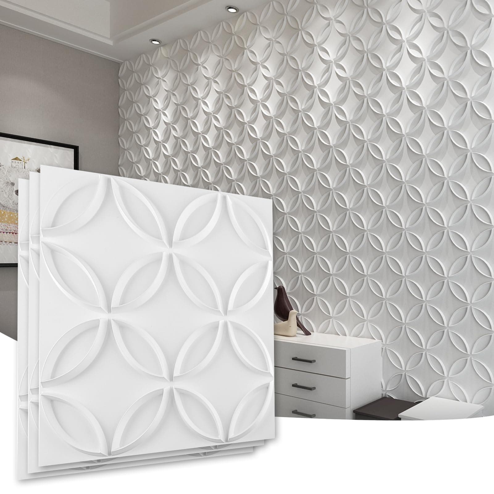 PVC 3D Wall Panel Interlocked Circles in Matt White Cover 32 Sq.ft, for Interior Ceiling and Wall Decor for Residential or Commerical