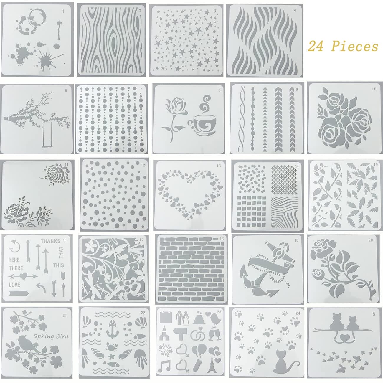 Ai-life 24Pcs Bullet Journal Stencil Plastic Planner Template Set for Journal/Notebook/Diary/Scrapbook DIY Drawing/Card/Wood Burning/DIY CraftTemplate Stencil, 13x13cm