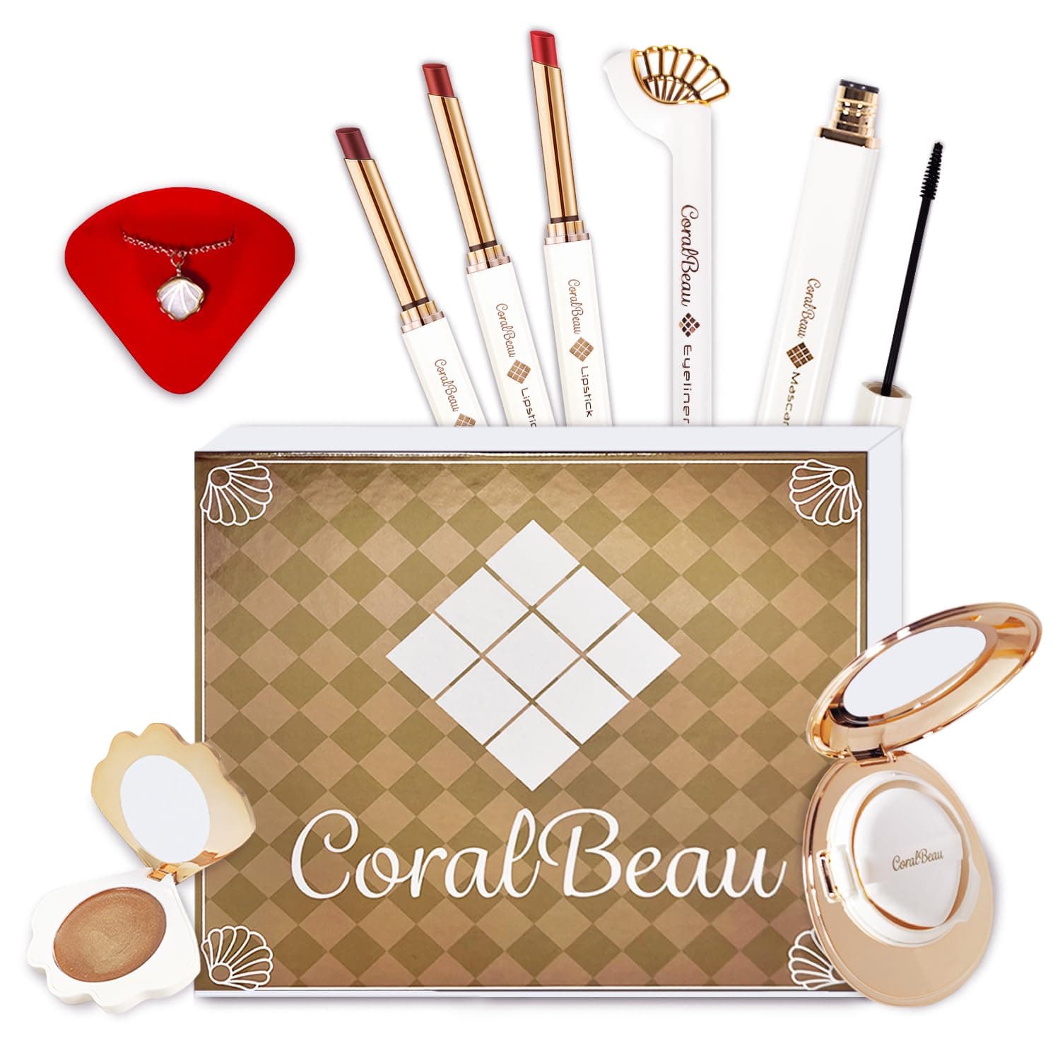 Makeup Kit for Teens - All in One Shell Makeup Kit with Compact BB Cream Powder, Eyeshadow Palette with Brown Shades, Eye Shadow Brush, Mascara, 3 Lipsticks, Necklace - Make Up Gift Set Box