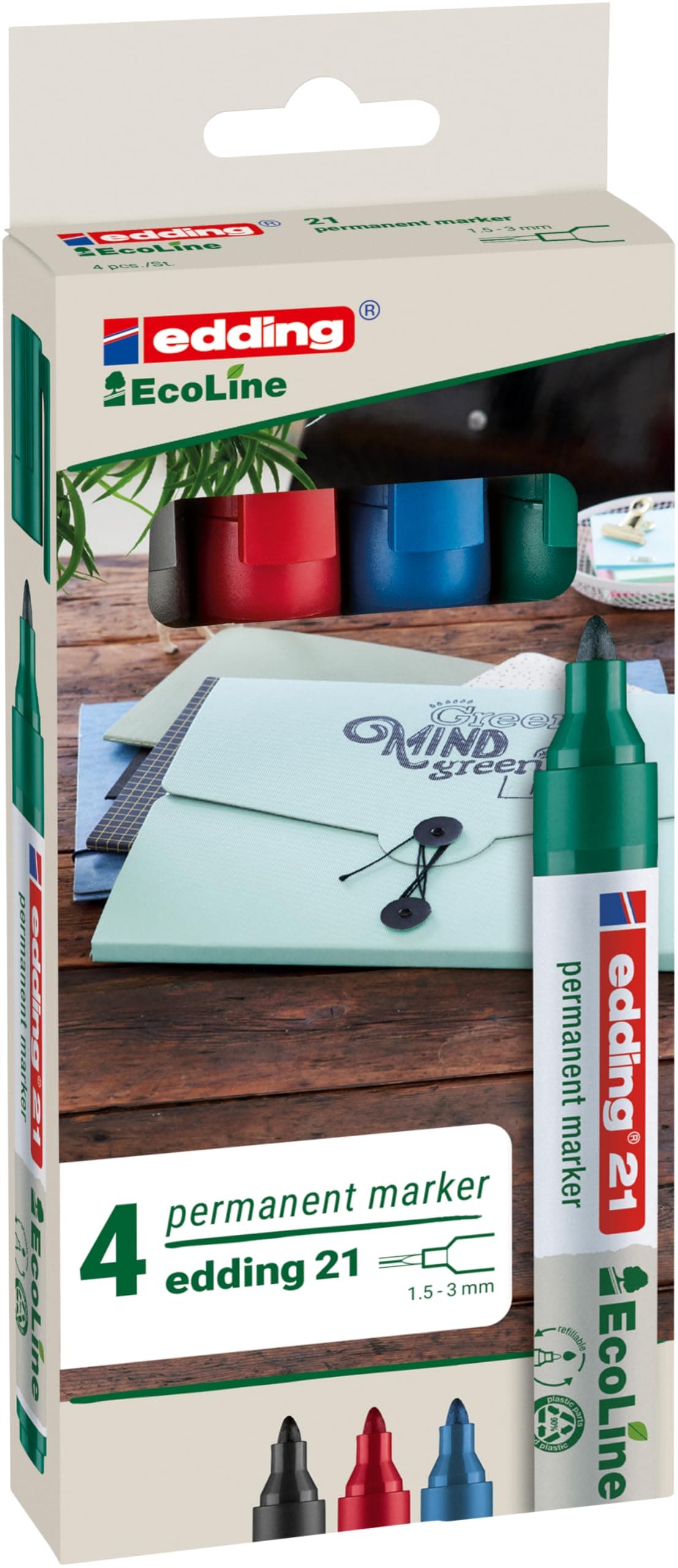 21 EcoLine permanent marker set - black, red, blue, green - 4 pens - round nib 1.5-3 mm - waterproof, quick-drying, smear-proof pens - for cardboard, plastic, glass, wood, metal and fabric